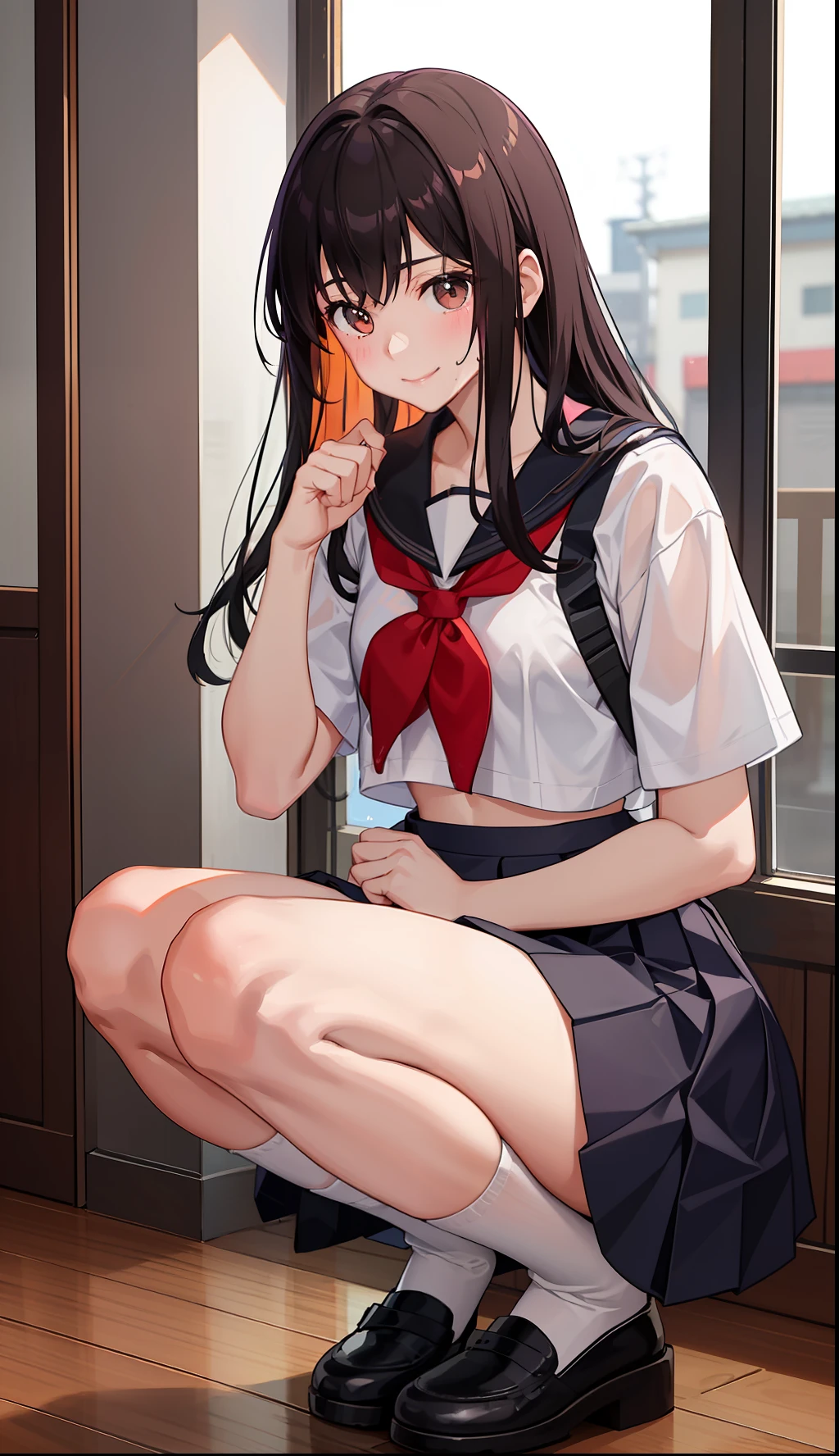 1girl in、A smile、The shirt、skirt by the、（small tits）Chilarism、Japan High School Student Uniform、serafuku、summer clothing、Squall Drenched Uniform、（Sheer Bra）、Upper body portrait、light cream hair、Squatting panchira、