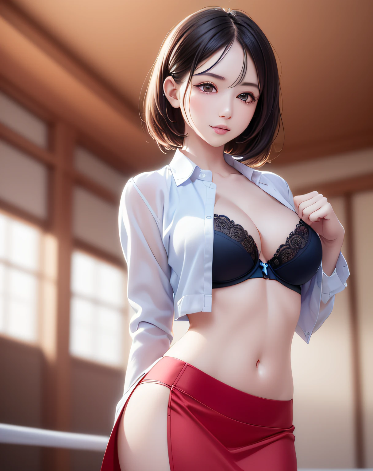 photo realistic, anime style, (8k, RAW photo, best quality, masterpiece:1.2), High detail RAW color photo, professional photograph, cowboy shot, (realistic, photo realistic:1.37),cinematic light, (finery detailed face:1.2), cowboy shot, thigh 1 girl in bath, 28-38 years old, very cute, very beautiful, photo realistic, event companion, BREAK, white oily skin, real human skin, (detailed face), oval face, pores, round eyes:1.0, ultra high res, BREAK, slim, (medium-large-breast:1.37, cleavage:1.37), (looking straight at viewer with a serene and goddess-like happiness:1.2), (lifter gloss, eyelashes, gloss-face, best quality, ultra highres, Broad lighting, natural shading), (beautiful thin short hair, wavy pony-tail hair style:1.5, shiny-black hair:1.5), BREAK, (esthetician uniform:1.3, blue satin shirt;1.3, open shirt:1.3, magenta-lace-bra:1.3, red knee-length satin-pencil-skirt:1.3), BREAK, ((show case:1.5, standing in the ring:1.5, The audience seats are drawn in the background:1.5)), ((from below:1.3, standing in the ring, leaning forward)), blurry background, bokeh, depth of field, cowboy shot:1.3, centered image,