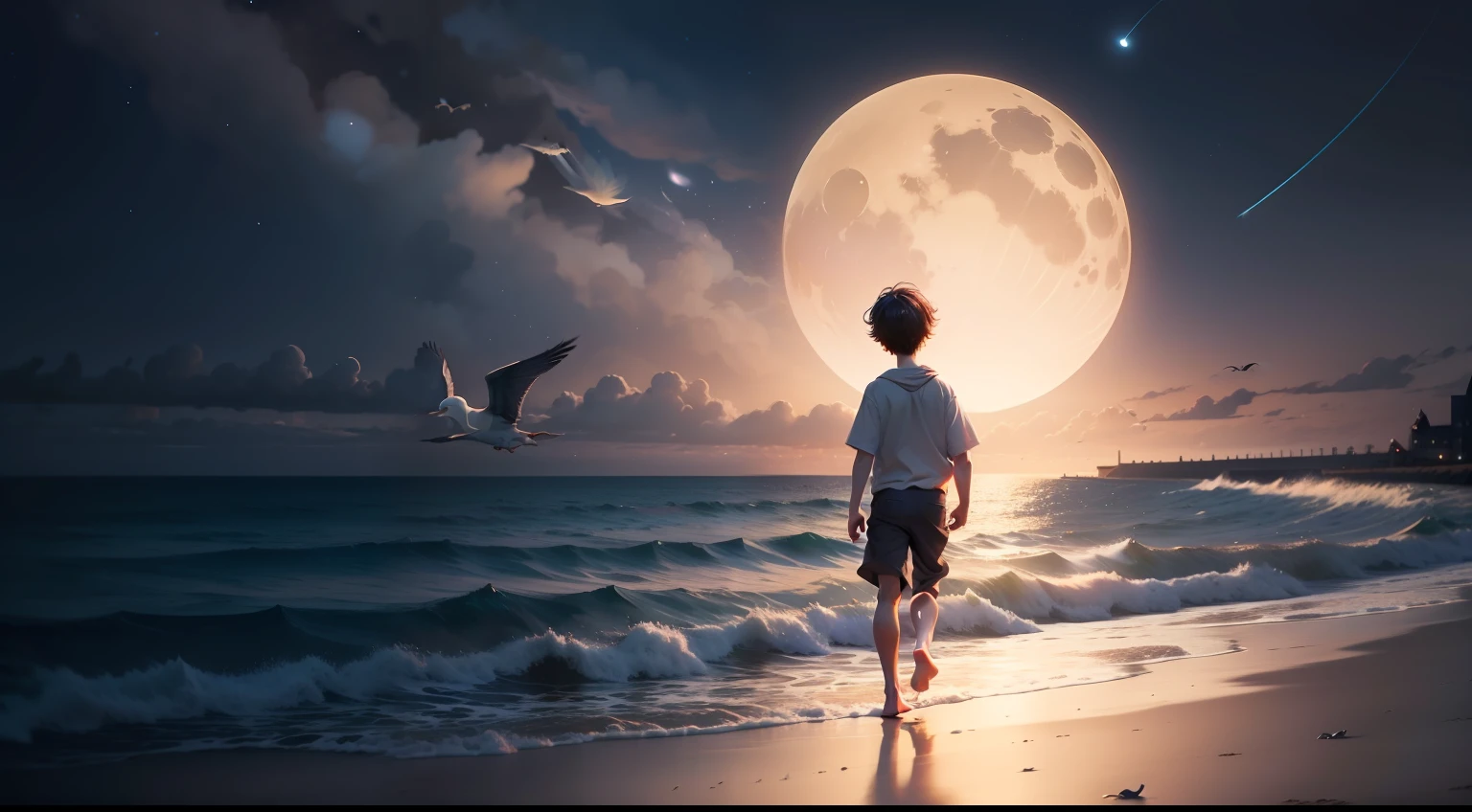 pixar-style，At night, a boy walks barefoot by the sea，Blowing the sea breeze，There are moons，There are stars，There are seagulls