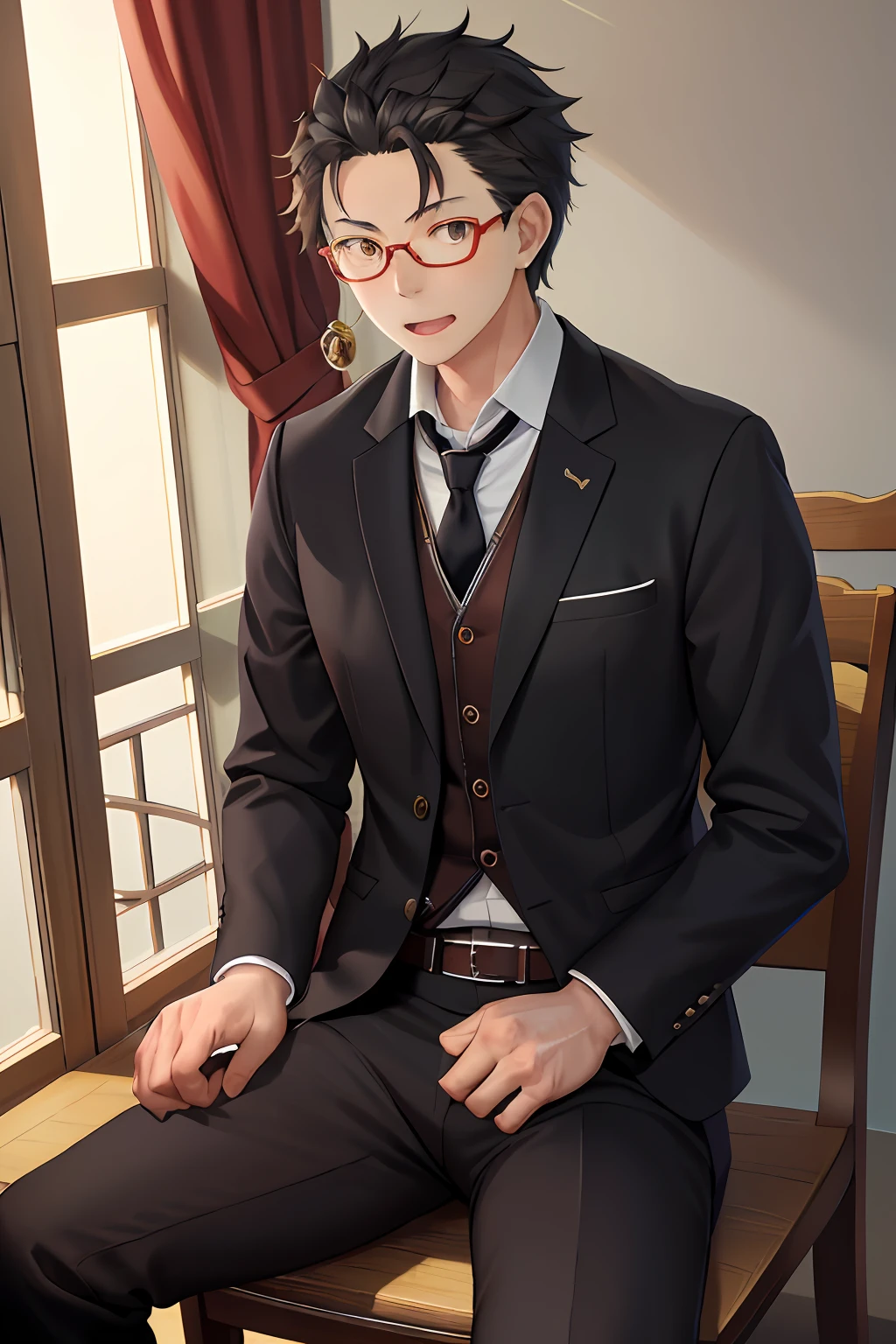 (1 Adult male),A high resolution, Sharp focus, Pixiv masterpiece, ((Complicated details)), highly detailed, natsuki_subaru, 1 man, with her mouth open,full bodyesbian,sit astride, Red eyes(glowing light eyes), with short white hair,white shirt,Wear a tie,Wear a belt,perspire,look from down
