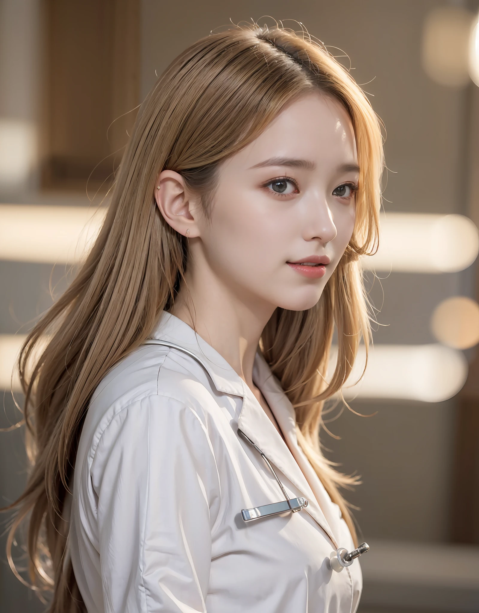((female doctor, resident)), hair behind ear, happy tears, streaming tears, (ight smile, shy:1.15), Surrealism, Realism, depth of field, cinematic lighting, backlighting, symmetry, bokeh, f/1.8, Eye-Level Shot, 85mm, Hasselblad, UHD, masterpiece, high quality, high details, best quality, highres, HD, 16k, 8k, 4K, award winning, unity, an extremely delicate and beautiful, extremely detailed, Amazing, finely detail, masterpiece, best quality, official art, absurdres, incredibly absurdres, huge filesize, ultra-detailed, highres, extremely detailed, beautiful detailed girl, extremely detailed eyes and face, beautiful detailed eyes, light on face, 18 years old, (white doctor coat:1.5), (surgical gown:1.3), (blonde long straight hair:1.2), (slender:1.15), (huge-breasted:1.25), (narrow waist:1.15), clinic room background:1.25, detailed background, cowboy shot, low angle, from below,