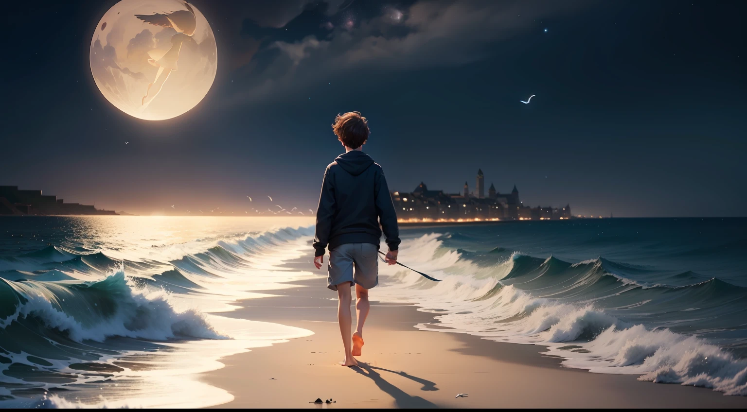 pixar-style,At night, a boy walks barefoot by the sea,Blowing the sea breeze,There are moons,There are stars,There are seagulls