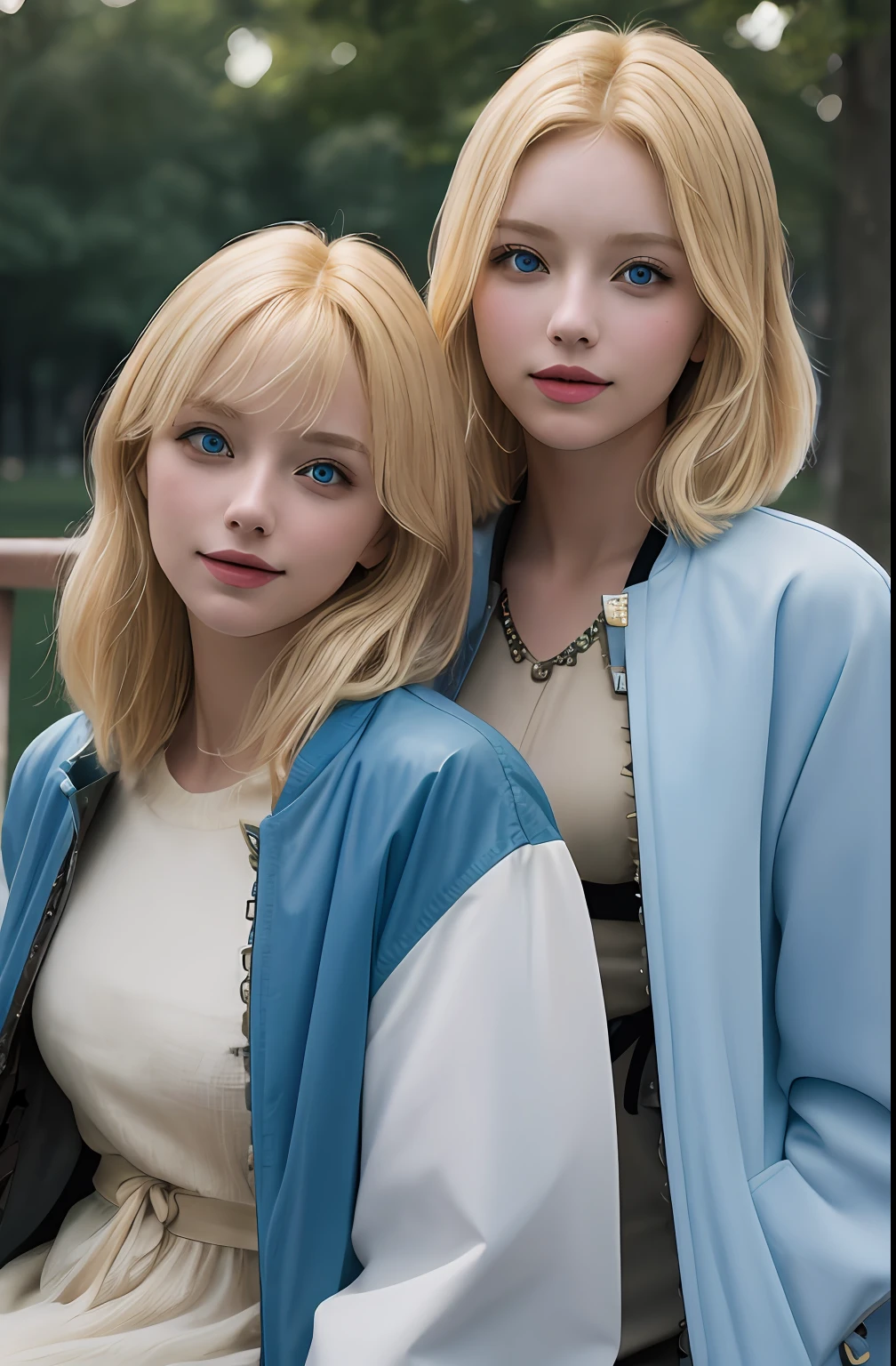 masterpiece, best quality, 2girls,duo,raw photo, beautiful, fine, delicate, extremely intricate, detailed, blonde hair, jacket, blue eyes, ((masterpiece)), extremely detailed, best quality, high resolution, ((at a park)), Bridget, smile,