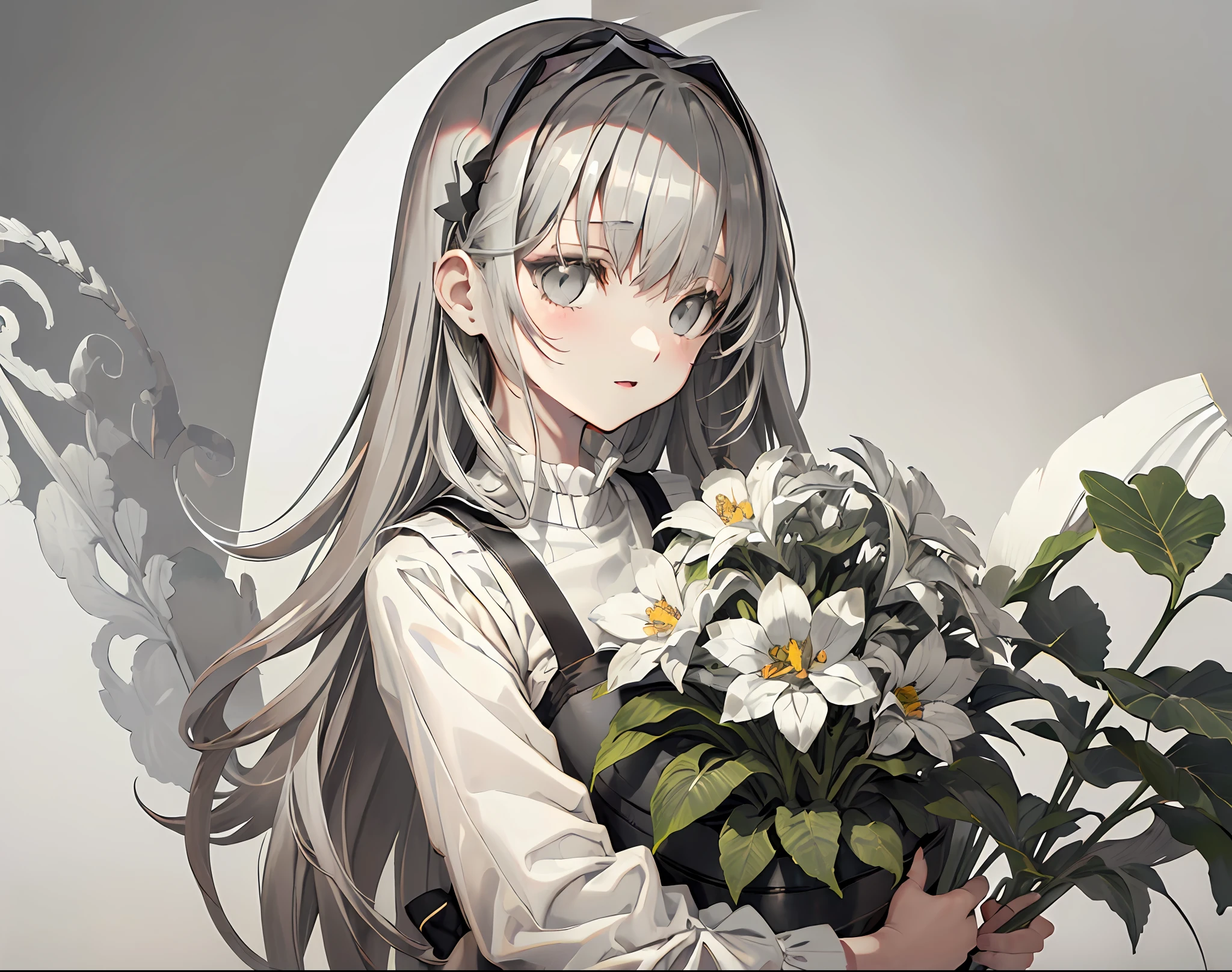 【Highest Quality, masutepiece】 (Gray white background:1.7), Girl holding potted flowers