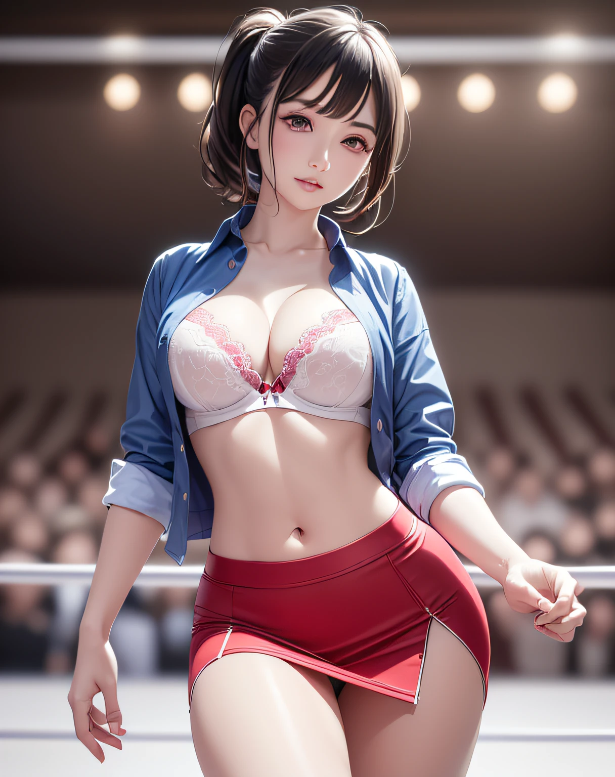 photo realistic, anime style, (8k, RAW photo, best quality, masterpiece:1.2), High detail RAW color photo, professional photograph, cowboy shot, (realistic, photo realistic:1.37),cinematic light, (finery detailed face:1.2), cowboy shot, thigh 1 girl in bath, 28-38 years old, very cute, very beautiful, photo realistic, event companion, BREAK, white oily skin, real human skin, (detailed face), oval face, pores, round eyes:1.0, ultra high res, BREAK, slim, (medium-large-breast:1.37, cleavage:1.37), (looking straight at viewer with a serene and goddess-like happiness:1.2), (lifter gloss, eyelashes, gloss-face, best quality, ultra highres, Broad lighting, natural shading), (beautiful thin short hair, wavy pony-tail hair style:1.5, shiny-black hair:1.5), BREAK, (esthetician uniform:1.3, blue satin shirt;1.3, open shirt:1.3, magenta-lace-bra:1.3, red knee-length satin-pencil-skirt:1.3), BREAK, ((show case:1.5, standing in the ring:1.5, The audience seats are drawn in the background:1.5)), ((from below:1.3, standing in the ring, leaning forward)), blurry background, bokeh, depth of field, cowboy shot:1.3, centered image,