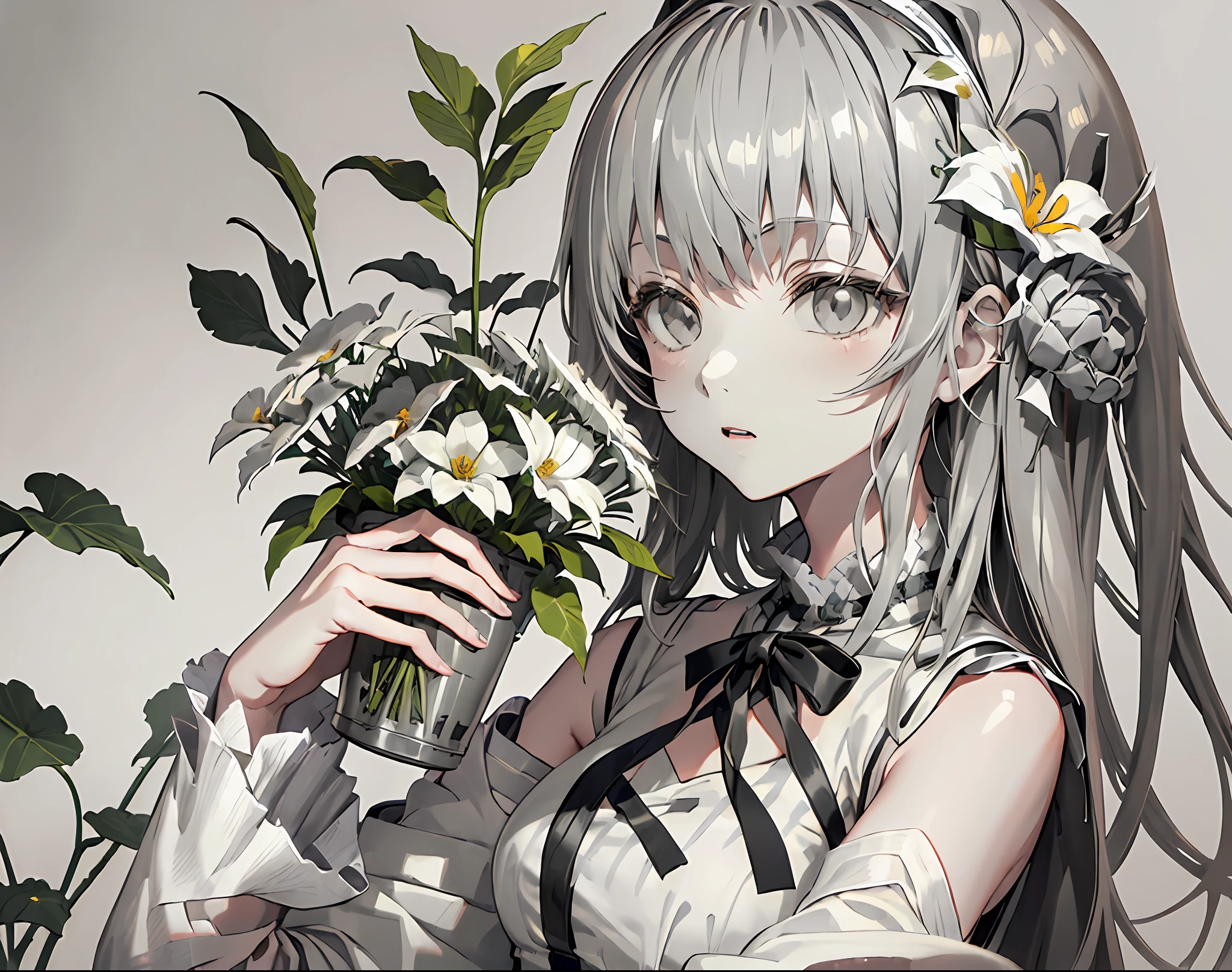 【Highest Quality, masutepiece】 (Gray white background:1.7), Girl holding potted flowers
