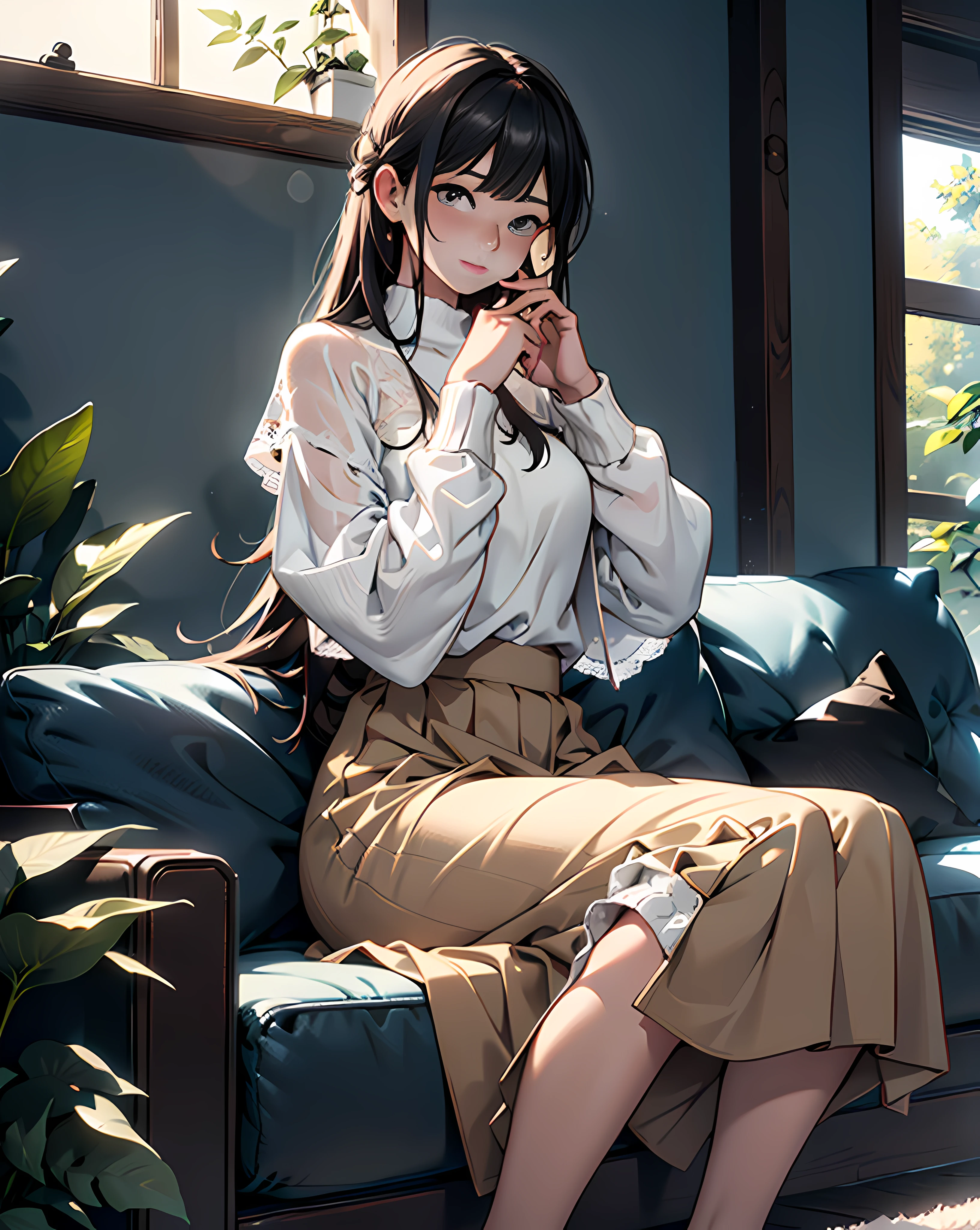 absurderes、hight resolution、ultra-detailliert)、(the Extremely Detailed CG Unity 8K Wallpapers、Beautifully Aesthetic:1.2)、(1girl in:1.3)、Lady、独奏、The upper part of the body、rcasual、It features a simple、Natural Fabric、Sit up、knit、white  shirt、Brownish、If you have a photo、Hold in hand、Plain clothe、a room、sit on sofa、Mystical lighting、Ethereal Atmosphere、dressed casually, Sweaters, tortoise、closed clothes、natural soft light、darker shadows、Living Loo、Long skirt with lace、pulling the hands up、an legs