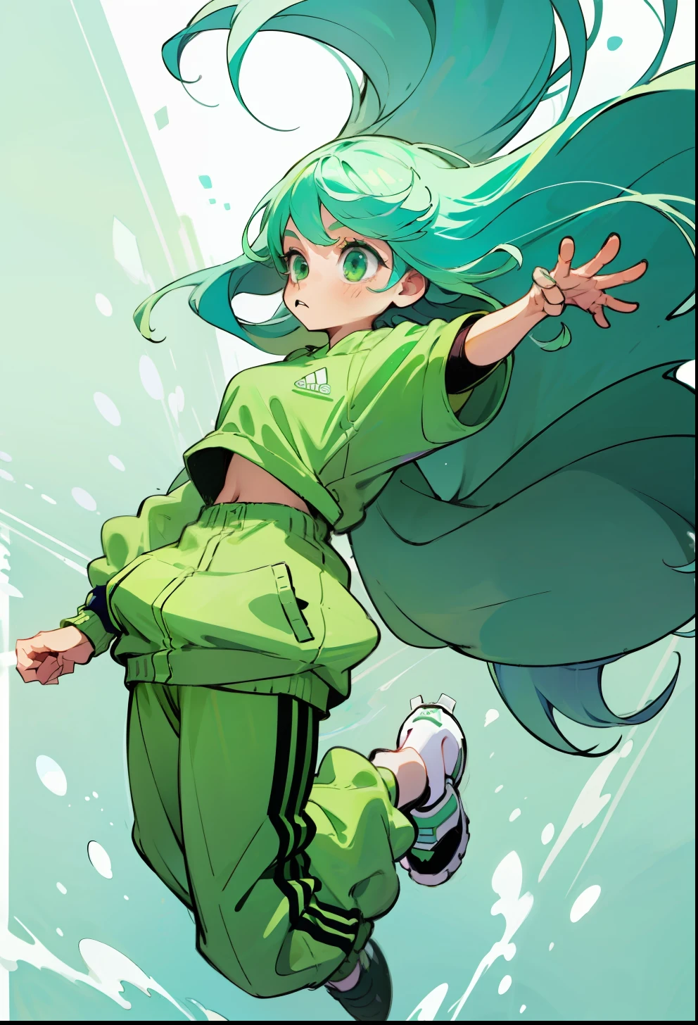 Pastel green hair, 1Girl, Adidas Clothing, jumping, Long-haired,