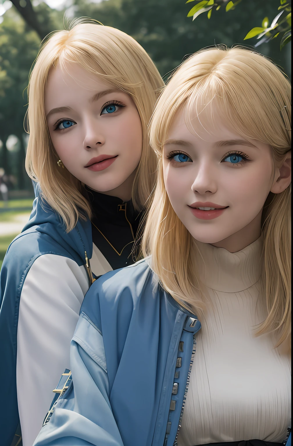 masterpiece, best quality, 2girls,duo,raw photo, beautiful, fine, delicate, extremely intricate, detailed, blonde hair, jacket, blue eyes, ((masterpiece)), extremely detailed, best quality, high resolution, ((at a park)), Bridget, smile,