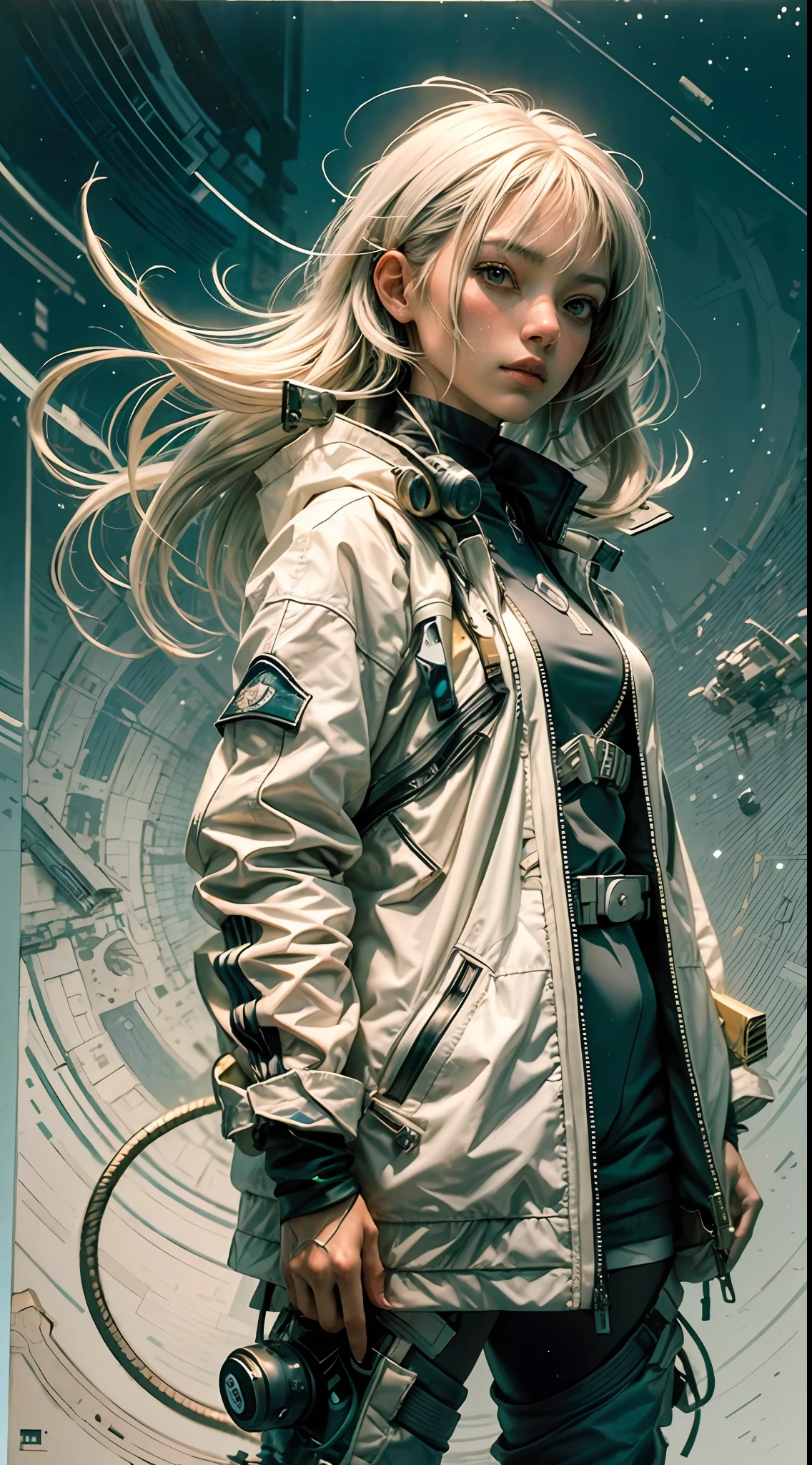 1monk warrior girl with white techwear clothes, Long white hair, shoelace, Vintage Scifi Background Abstract, Art by Moebius, Art by Ashley Wood