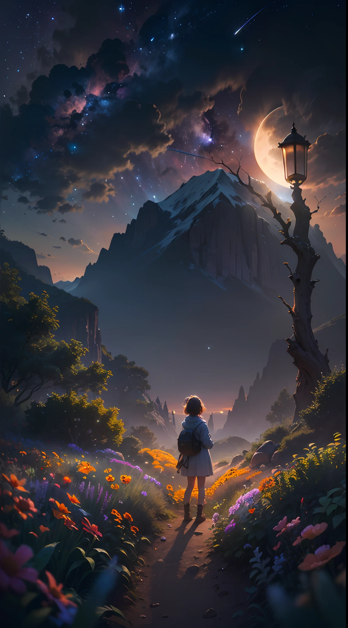 Expansive landscape photograph, (view from below with a view of the sky and wilderness below), little girl standing in a flower field looking up, (full moon: 1.2), (shooting star: 0.9), (nebula: 1.3), distant mountain, tree break production art, (warm light source: 1.2), (firefly: 1.2), lamp, purple and orange, intricate detail, volume lighting, realism break (masterpiece: 1.2) (Best Quality), 4K, Ultra-Detailed, (Dynamic Configuration: 1.4), Highly Detailed and Colorful Details, (Iridescent Colors: 1.2), (Glowing Lighting, Atmospheric Lighting), Dreamy, Magical, (Solo: 1.2)