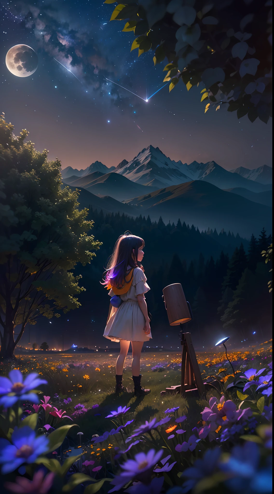 Expansive landscape photograph, (view from below with a view of the sky and wilderness below), girl standing in a flower field looking up, (full moon: 1.2), (shooting star: 0.9), (nebula: 1.3), distant mountain, tree break production art, (warm light source: 1.2), (firefly: 1.2), lamp, purple and orange, intricate detail, volume lighting, realism break (masterpiece: 1.2) (Best Quality), 4K, Ultra-Detailed, (Dynamic Configuration: 1.4), Highly Detailed and Colorful Details, (Iridescent Colors: 1.2), (Glowing Lighting, Atmospheric Lighting), Dreamy, Magical, (Solo: 1.2)