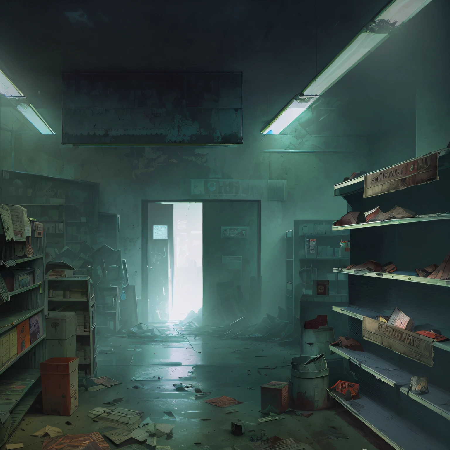There was a room with shelves and trash cans, photorealistic dark concept art, eerie nostalgic concept art, A post-apocalyptic shopping mall, post grunge concept art, highly realistic concept art, Dystopian digital concept art, silent hill concept art, author：Maxim Verekin, photorrealistic concept art, post apocalyptic atmosphere, detailed atmospheric and gritty