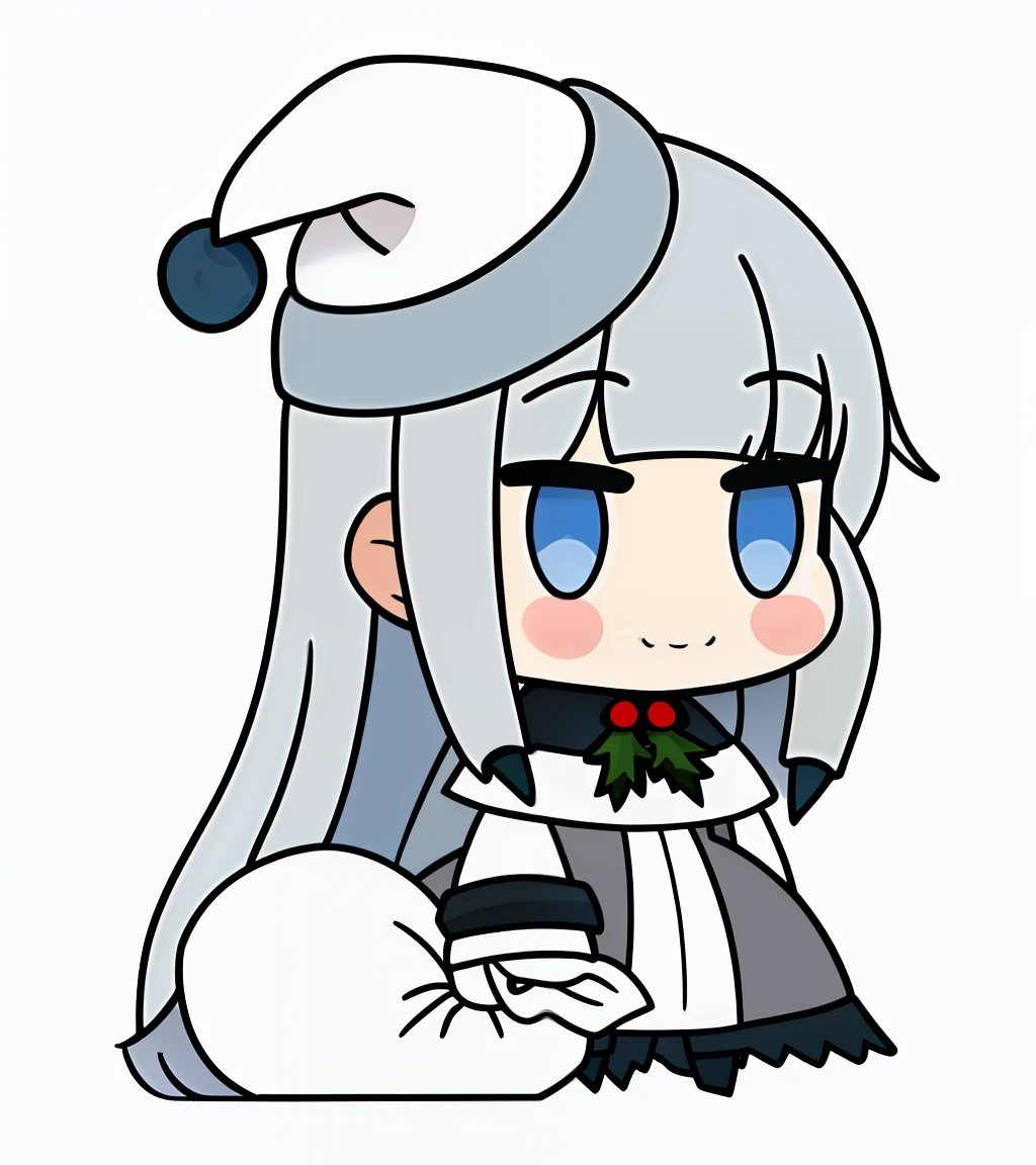 full body, (PadoruMeme 1girl), (grey bulletproof vest), white hair, long hair, Snow White Skin, blue eyes, (white camouflage clothing), blush, smile, PadoruMeme