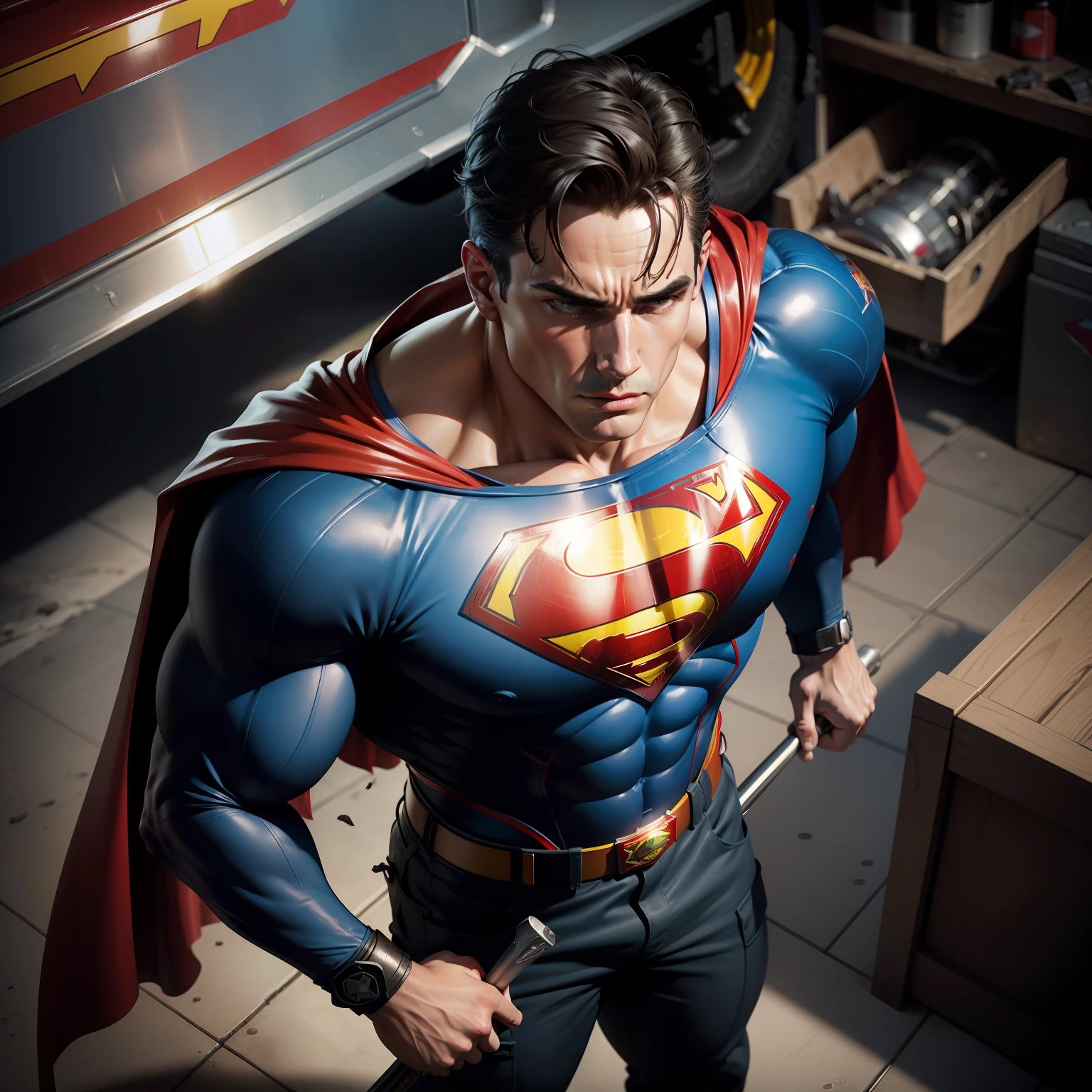 A Dramatic superman as firefighter wearing firefighter uniform and tools such as helmet or axe and jacket, cinematic, extreem realistic, extreem detailed, extreem Sharp, full body shot