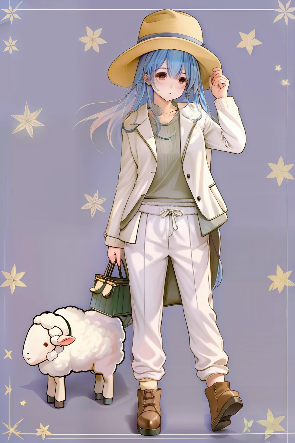 Corral cute sheep、1woman、Hats、long trousers