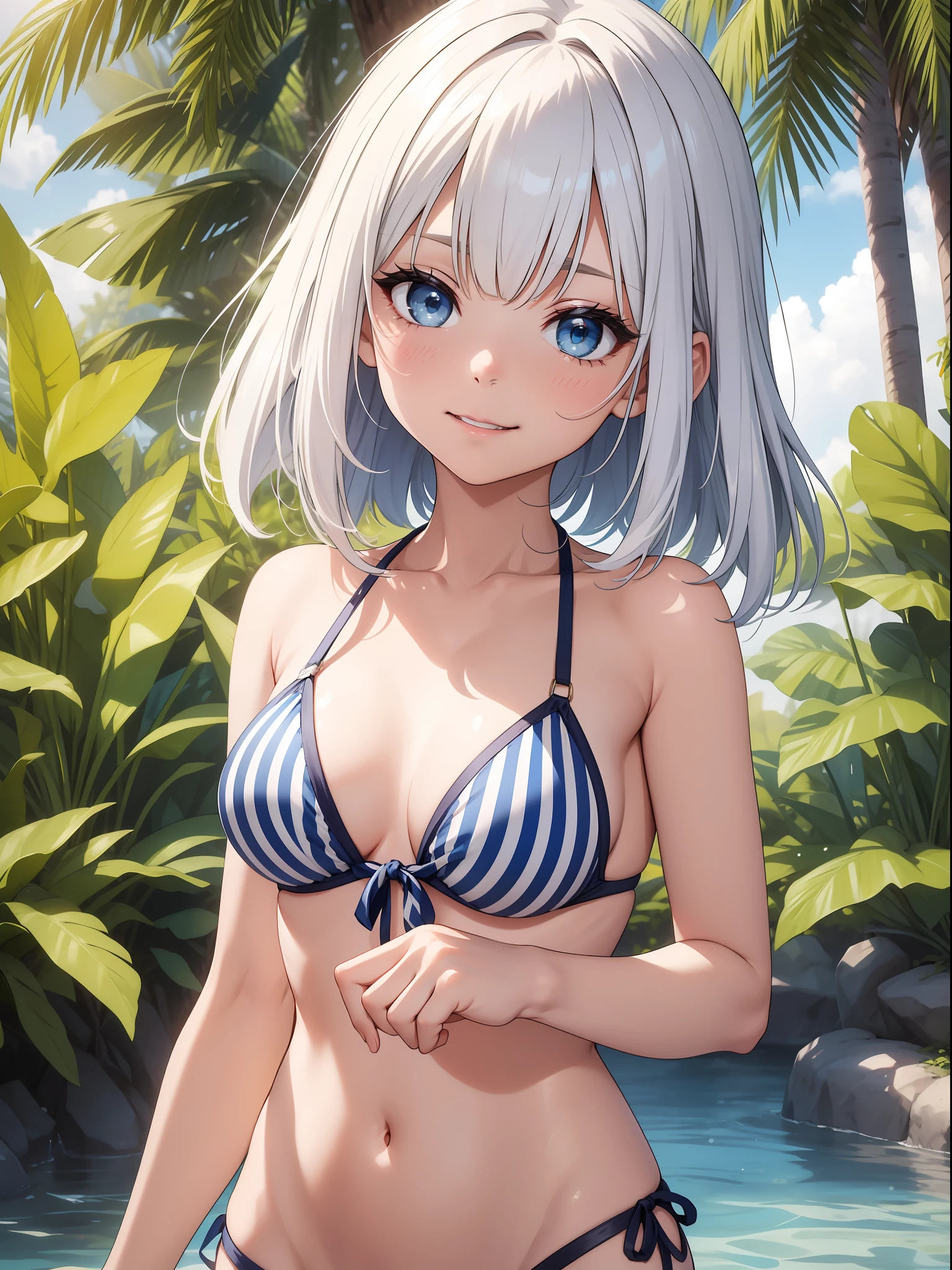 Top quality ultra-detailed CG art、Upper body naked、Cute Bikini：１.２）、White Bite Color、Glossy hair、smooth hair、large blue eyes,Mid summer、Delicate body、breasts are small、Medium Hair、short in stature、It features a simple、ssmile、short in stature、cheerful girl、Tying hair、、bob cuts、vertical stripes、
