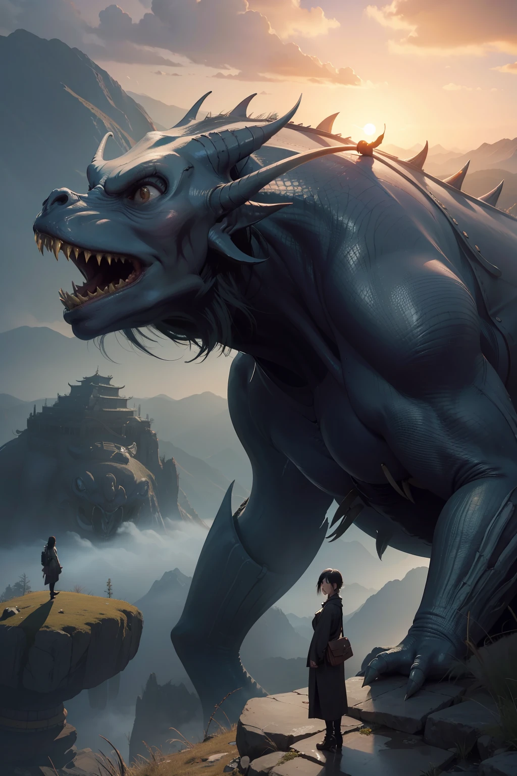 a highly detailed matte painting of an asian woman on a hill watching a giant alien monster, by makoto shinkai, by artgerm, by wlop, by greg rutkowski, volumetric lighting, octane render, 4k resolution, trending on artstation, masterpiece