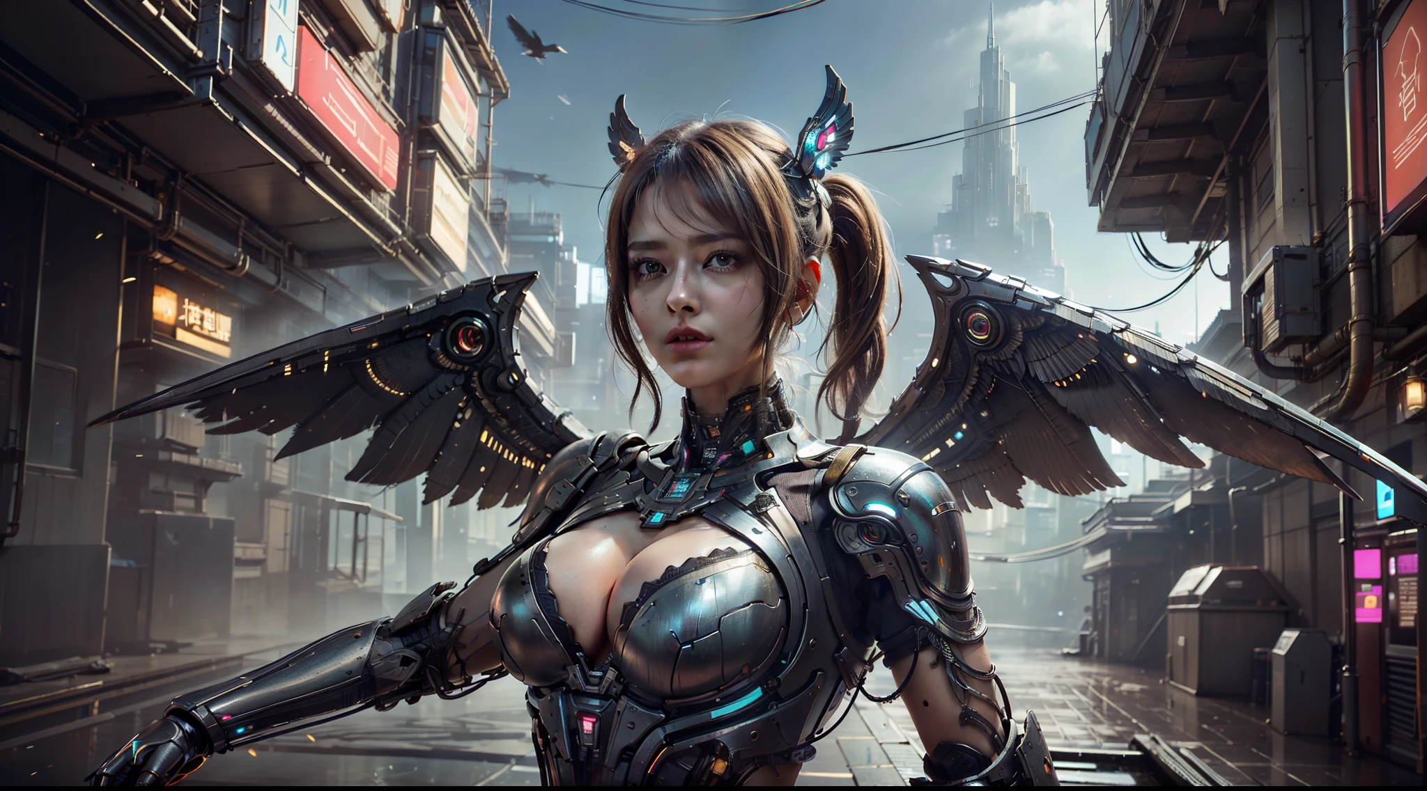 HighestQuali,BestWorks,A masterpiece,RAW photo effect,Realistic Photo Effect,Super high detail,super-fine,The city of the future,the night,cyber punk perssonage,Mature woman,(Close portrait:1.3),Large breasts,dynamicposes,looks into camera,dramatics,fumo,steampunc,complex patterns,((Metal wings)) Description of the Ultrra precise pointer, Photorealistic, Super detail, Masterpiece, Best quality, A high resolution, 8K,Best quality at best,tmasterpiece,ultra - detailed,volumettic light,Background bokeh