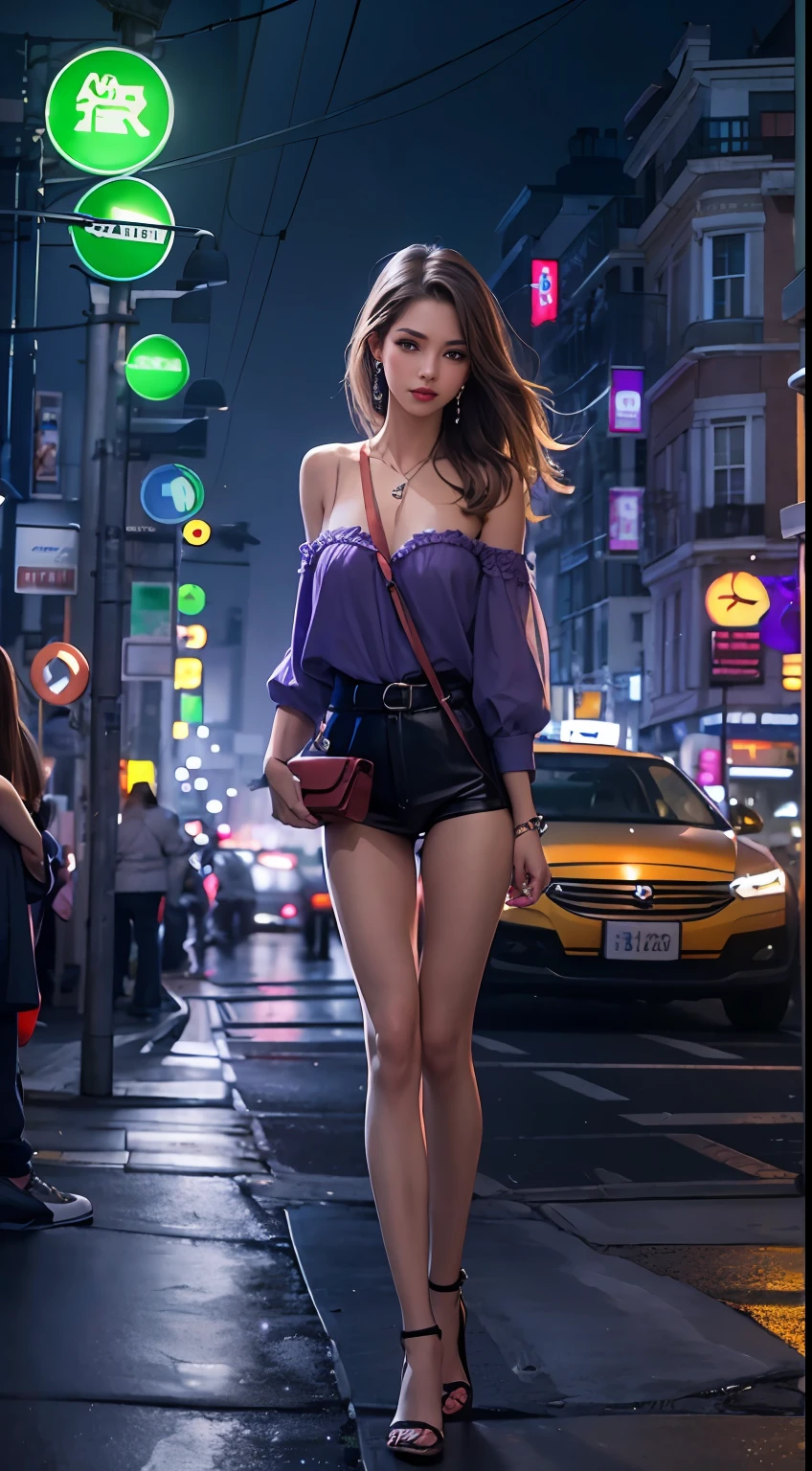 Best Quality, Ultra High Resolution, (Realistic: 1.4), 1 Girl, (([Purple|Black]_sexy Princess Outfit)), (Light Brown Hair: 1.2), Looking at the Audience, Smile, Full Body, Street, City, Makeup, Wide Angle, Handbag, Night, Street, Roadside, Cash, Condom, Neon, Street Light, Pole, Taxi, Cigarette, Necklace, Brothel, Underwear, Lace, Earrings, Buildings, Street Light