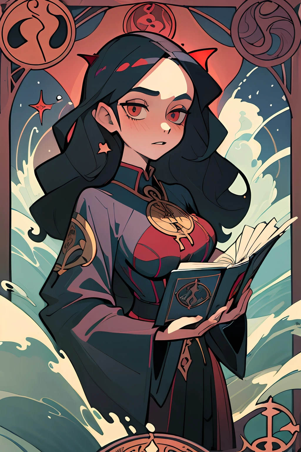 (Best Quality, Masterpiece), 1 Girl, Long hair, water, waves, Tarot cards, devil, Medium Tits, Woman holding a magic book