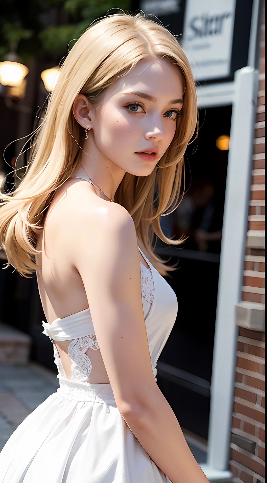 European and American women, A fashion model, wears a white dress, Glamour, paparazzi taking pictures of her, Blonde hair, Brown eyes, 8K, High quality, Masterpiece, Best quality, HD, Extremely detailed, voluminetric lighting, Photorealistic