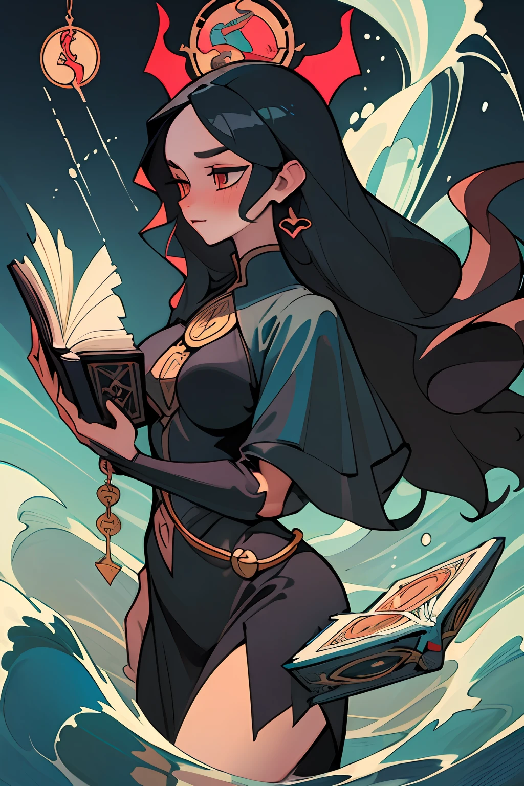 (Best Quality, Masterpiece), 1 Girl, Long hair, water, waves, Tarot cards, devil, Medium Tits, Woman holding a magic book