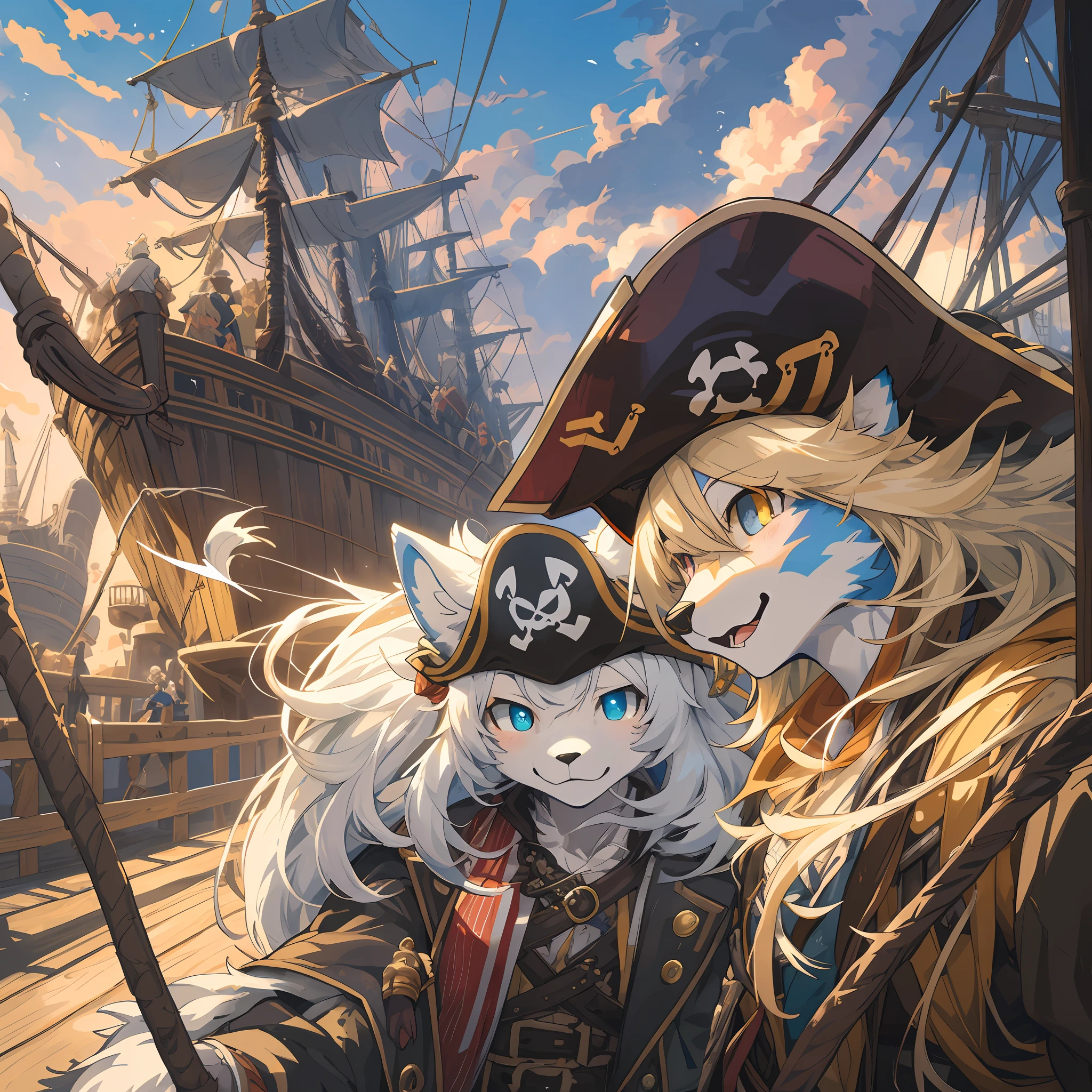top quality, best quality, High-quality illustrations, masterpiece, super high resolution, detailed background, Pirate Ship, pirate, 6+boys, 6+girls, absurdres(highly detailed beautiful face and eyes)perfect anatomy, expression, good lighting, cinematic shadow(kemono, furry anthro),