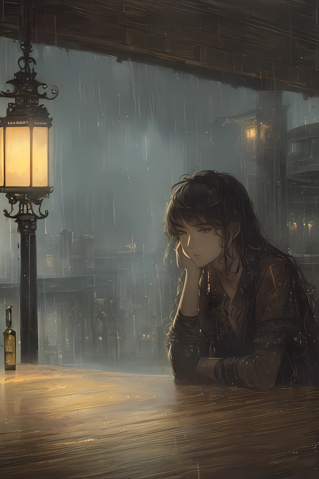 ((masterpiece, best quality)), (extremely detailed CG unity 8k wallpaper, masterpiece, best quality, ultra detailed, best shadow), (detailed background), (beautiful detailed face, beautiful detailed eyes), High contrast, (best illumination, an extremely delicate and beautiful), (asian female:1.2), ((A small cafe at night during rain, moody scene, highly detailed, intricate, sharp details, dystopian mood, 1950 scene by gaston bussiere, craig mullins, somber lighting, drawn by Giacomo Burattini, inspired by graphic novel cover art)), ((caustic)), dynamic angle, beautiful detailed glow, panoramic view