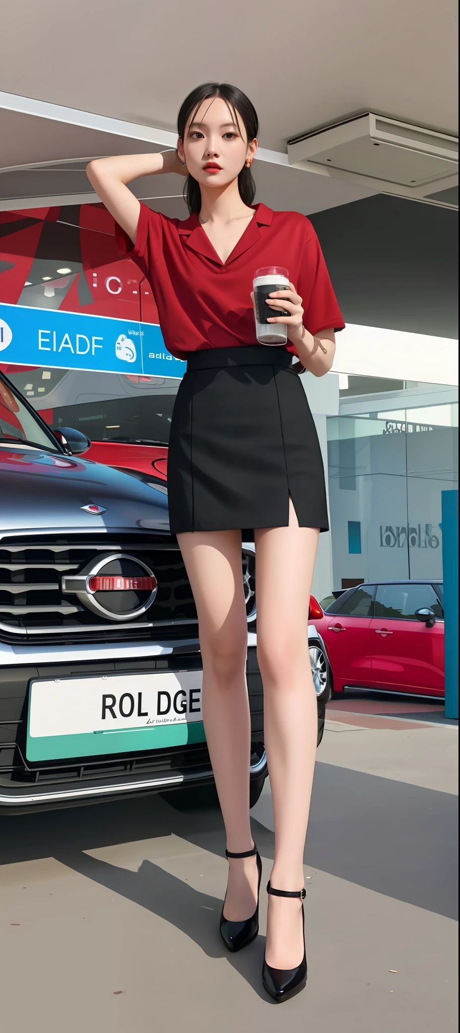 Allard woman in a red shirt and black skirt standing next to the car, Short skirt, mini-skirts, Mini skirt, Miniskirt, Short black skirt, Long thin legs, Black skirt, short miniskirt, wearing tight simple clothes, high-waist-black-skirt, photo of slim girl model, jia, wearing dresses，Flesh-colored stockings，Wearing flesh-colored stockings