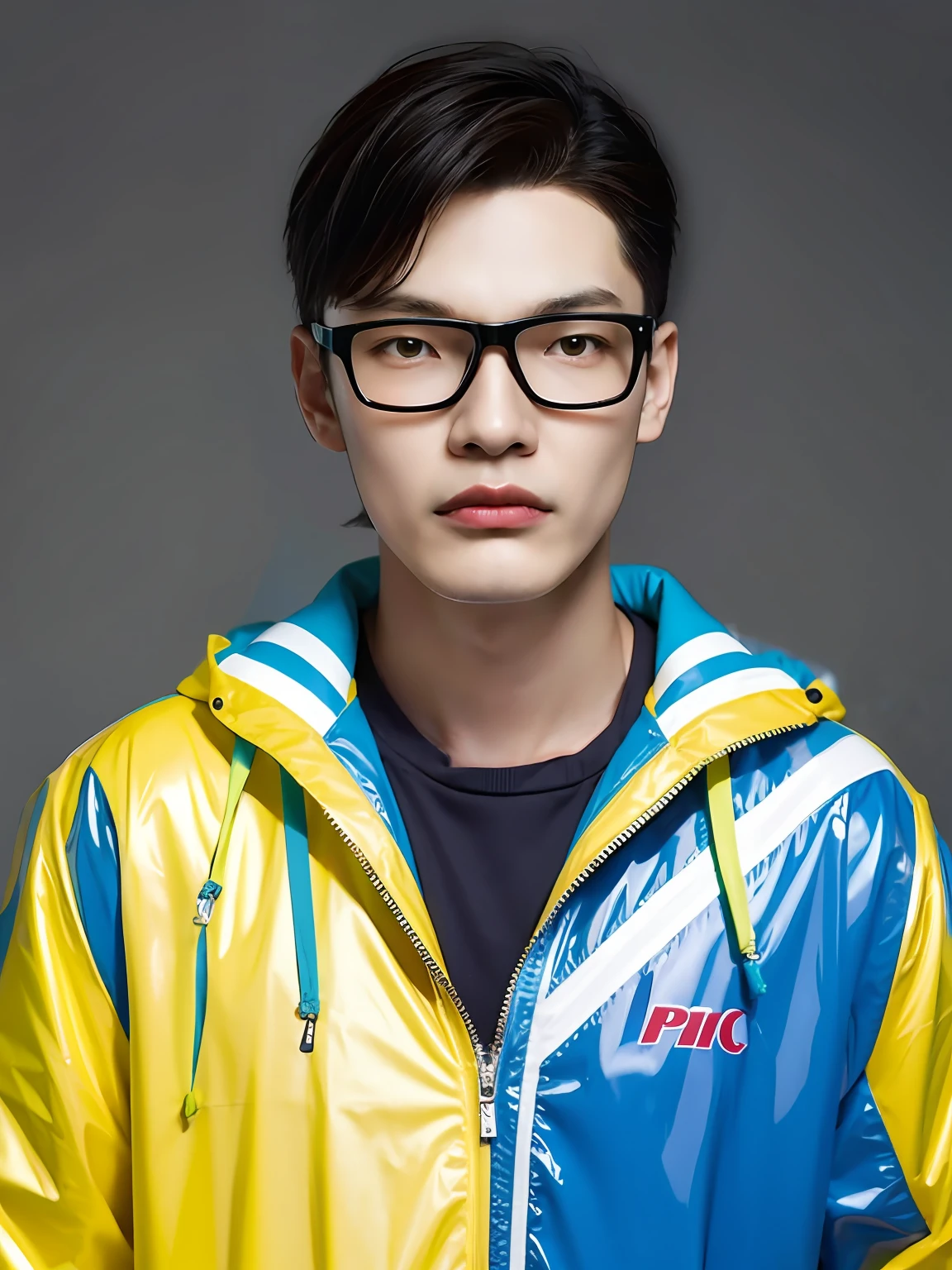A Chinese male high school student,Wear PVC color casual sportswear,There are zippers