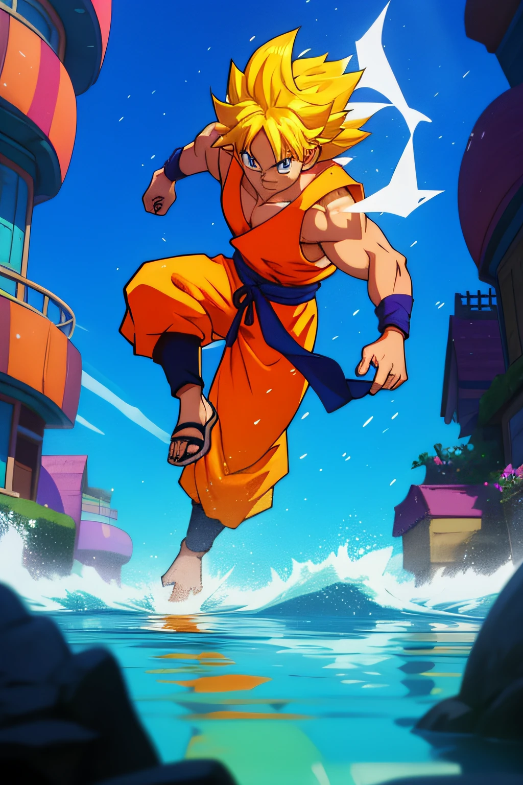 Dragon Ball Son Goku Q version look，Long blonde hair，Wearing blue clothes and orange pants，Look like yourself in the water，Now city background，up front view，cinmatic lighting，lightand shade contrast，IP Pop Mart blind box，3D，C4D，OC rendering，tchibi，Behance，hyper HD，best qualtiy，8k --AR 3：4 --niji 5 --style expressive