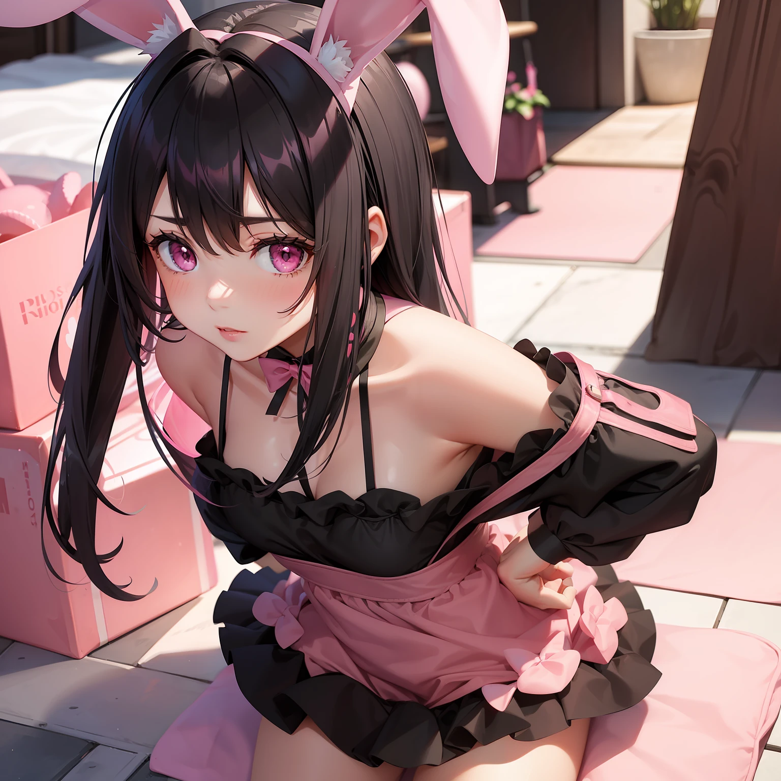 a women, pink bunny ears, black hair, pink eyes, pink dress