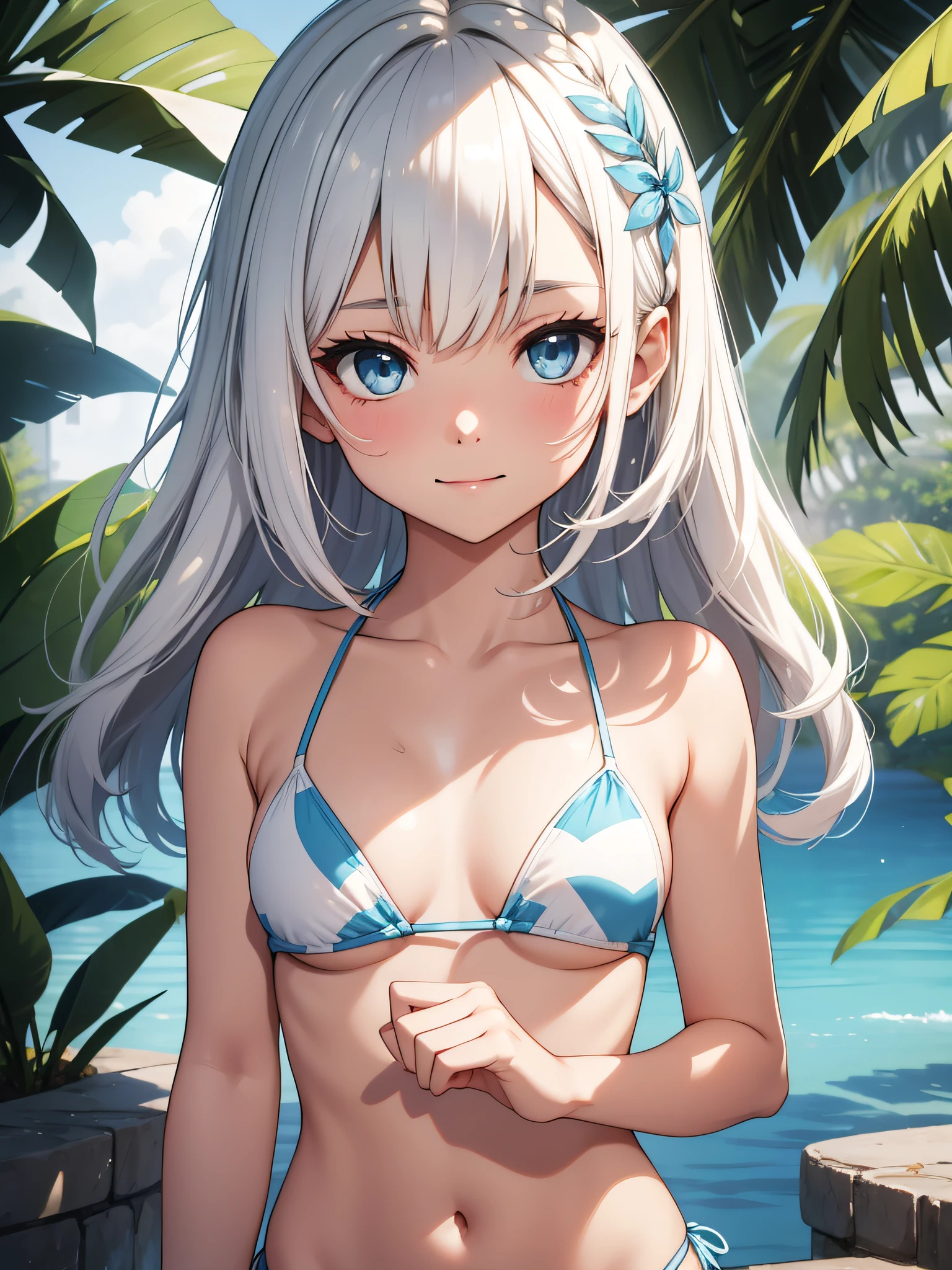Top quality ultra-detailed CG art、Upper body naked、Cute Bikini：１.２）、White Bite Color、Glossy hair、smooth hair、large blue eyes,Mid summer、Delicate body、breasts are small、Medium Hair、short in stature、It features a simple、ssmile、short in stature、cheerful girl、Tying hair、、bob cuts、vertical stripes、