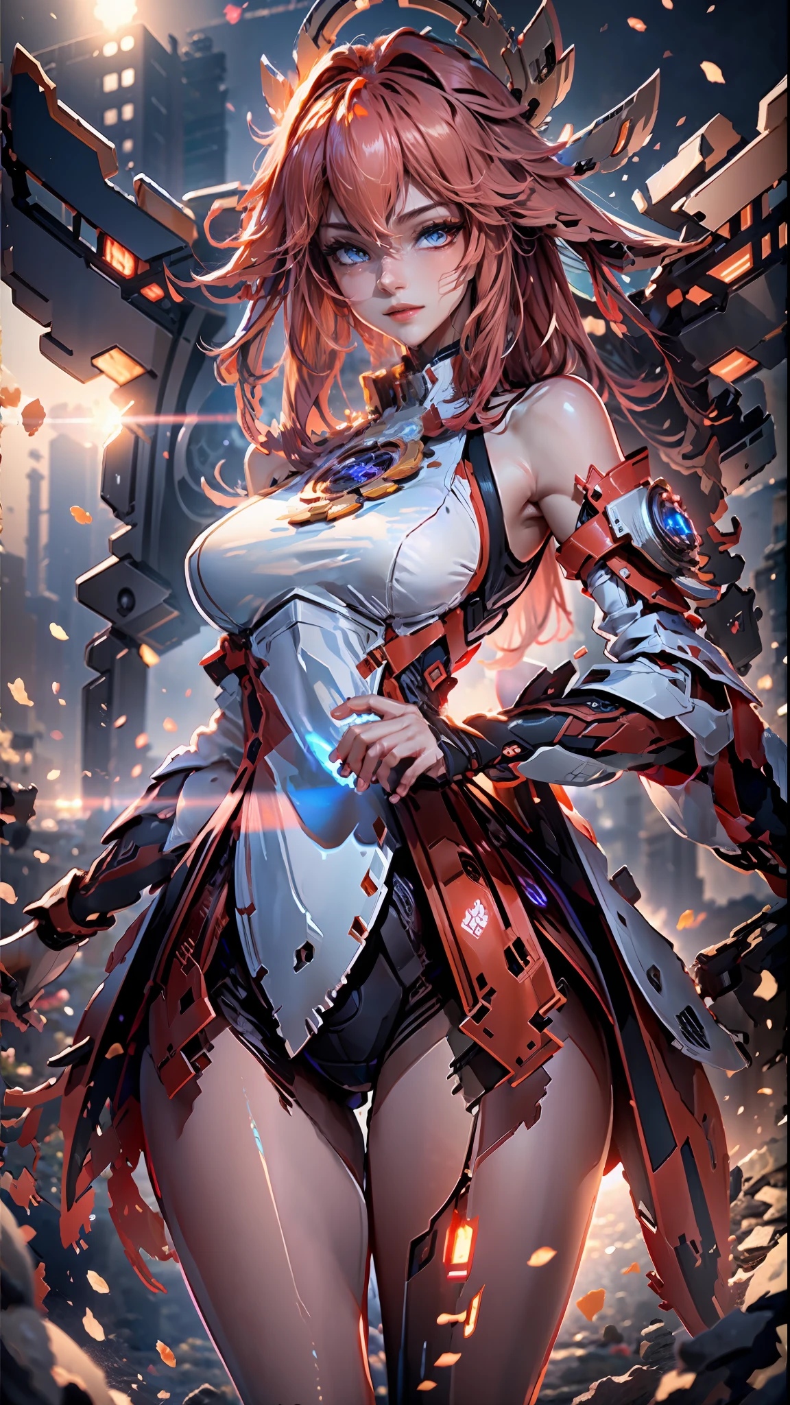 ((Best quality)), ((masterpiece)), (highly detailed:1.3), 3D,Shitu-mecha, beautiful cyberpunk women with her mecha in the ruins of city from a forgoten war, ancient technology,HDR (High Dynamic Range),Ray Tracing,NVIDIA RTX,Super-Resolution,Unreal 5,Subsurface scattering,PBR Texturing,Post-processing,Anisotropic Filtering,Depth-of-field,Maximum clarity and sharpness,Multi-layered textures,Albedo and Specular maps,Surface shading,Accurate simulation of light-material interaction,Perfect proportions,Octane Render,Two-tone lighting,Low ISO,White balance,Rule of thirds,Wide aperature,8K RAW,Efficient Sub-Pixel,sub-pixel convolution,luminescent particles,light scattering,Tyndall effect