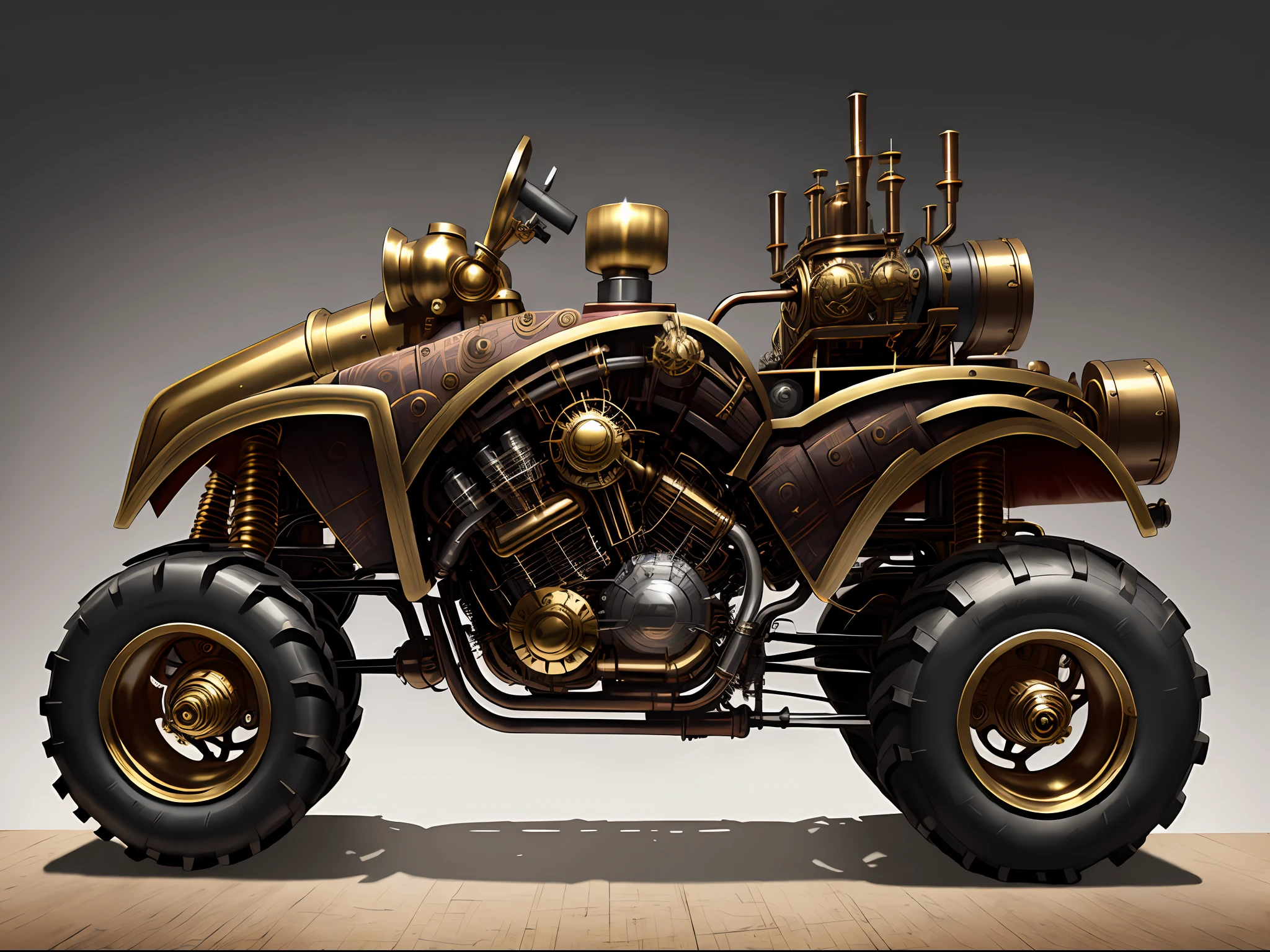 Steampunk monster trucks、from side view、brass、steel、Great photos of pipes、White background