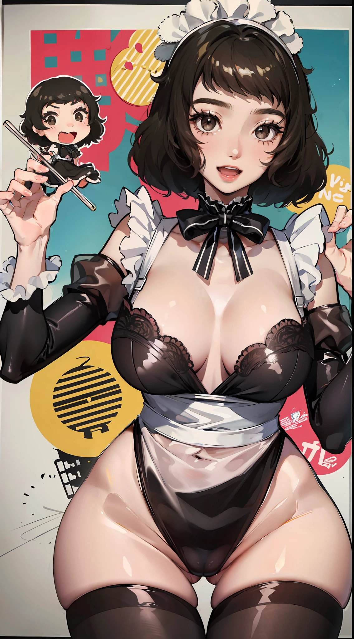 kawakami sadayo,the maid outfit,ssee-through,cheerfulness,Fleshy thighs,Pose,Pubic hair is dense,Poster publicity style,Ocean park,busty figure,C cup