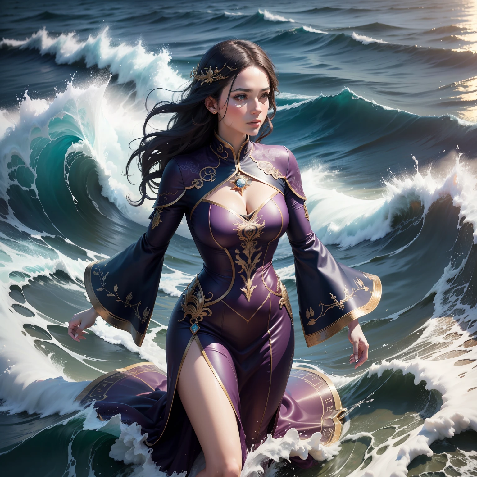 photo realistic woman with stunning detailed dress flowing walking on the waves,
the subconscious is like a guiding compass, steering you toward your true desires,
tune in, and it will lead you to your destined path, use deep teal,
deep purple red and gold, 8k, uhd