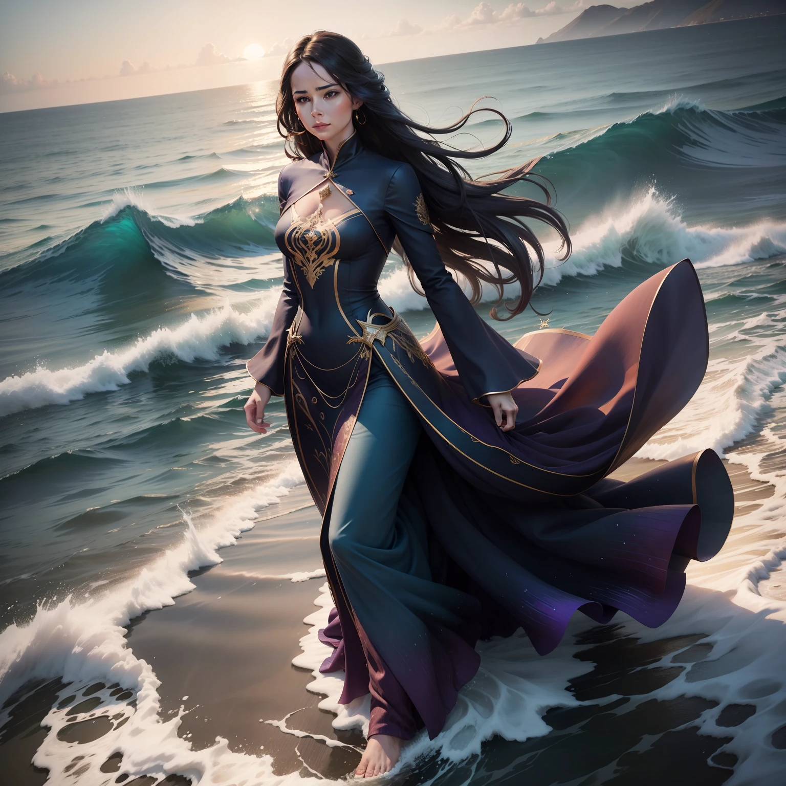 photo realistic woman with stunning detailed dress flowing walking on the waves,
the subconscious is like a guiding compass, steering you toward your true desires,
tune in, and it will lead you to your destined path, use deep teal,
deep purple red and gold, 8k, uhd