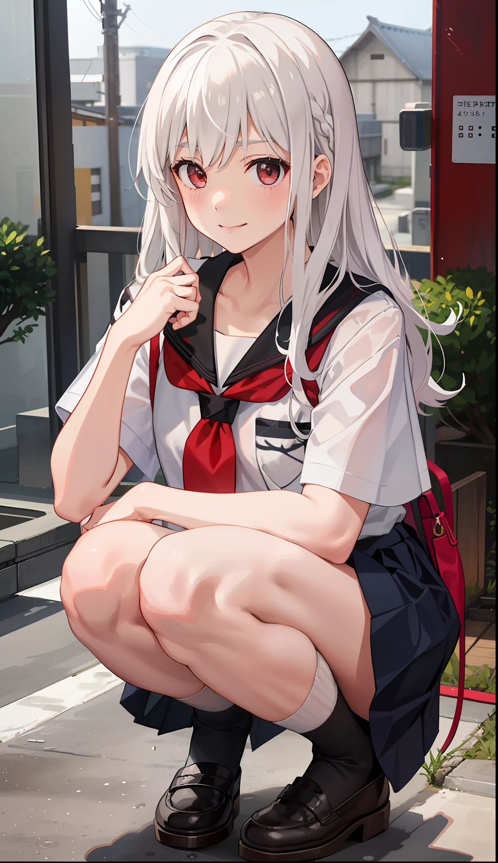 1girl in、A smile、The shirt、skirt by the、（small tits）Chilarism、Japan High School Student Uniform、serafuku、summer clothing、Squall Drenched Uniform、（Sheer Bra）、Upper body portrait、White hair、Squatting panchira、