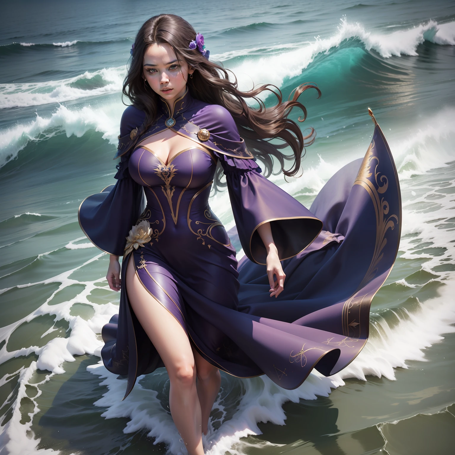 photo realistic woman with stunning detailed dress flowing walking on the waves,
the subconscious is like a guiding compass, steering you toward your true desires,
tune in, and it will lead you to your destined path, use deep teal,
deep purple red and gold, 8k, uhd