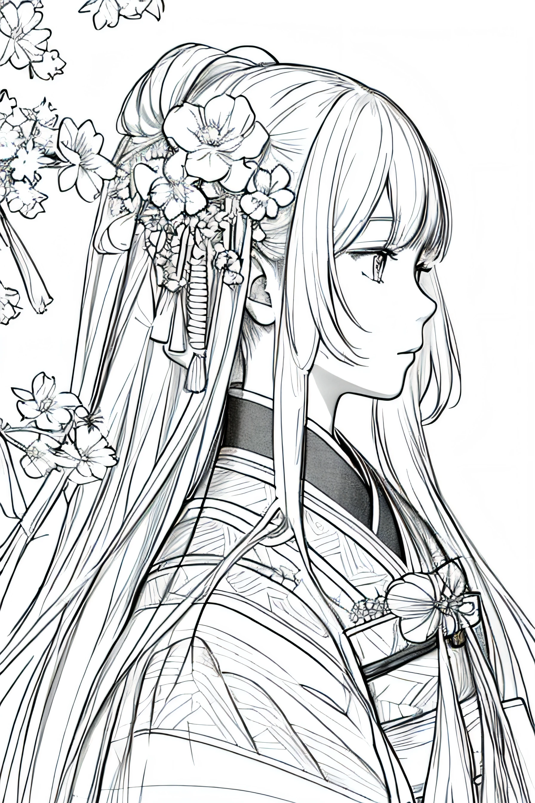 masterpiece, acura, doll, solo, hanfu, long hair, profile close-up, flower line drawing background, white background, monochrome, line drawing, ((sketch))