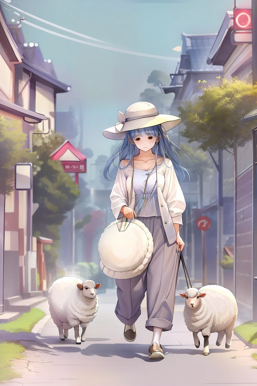 Cute sheep、1woman、Hats、long trousers、stroll