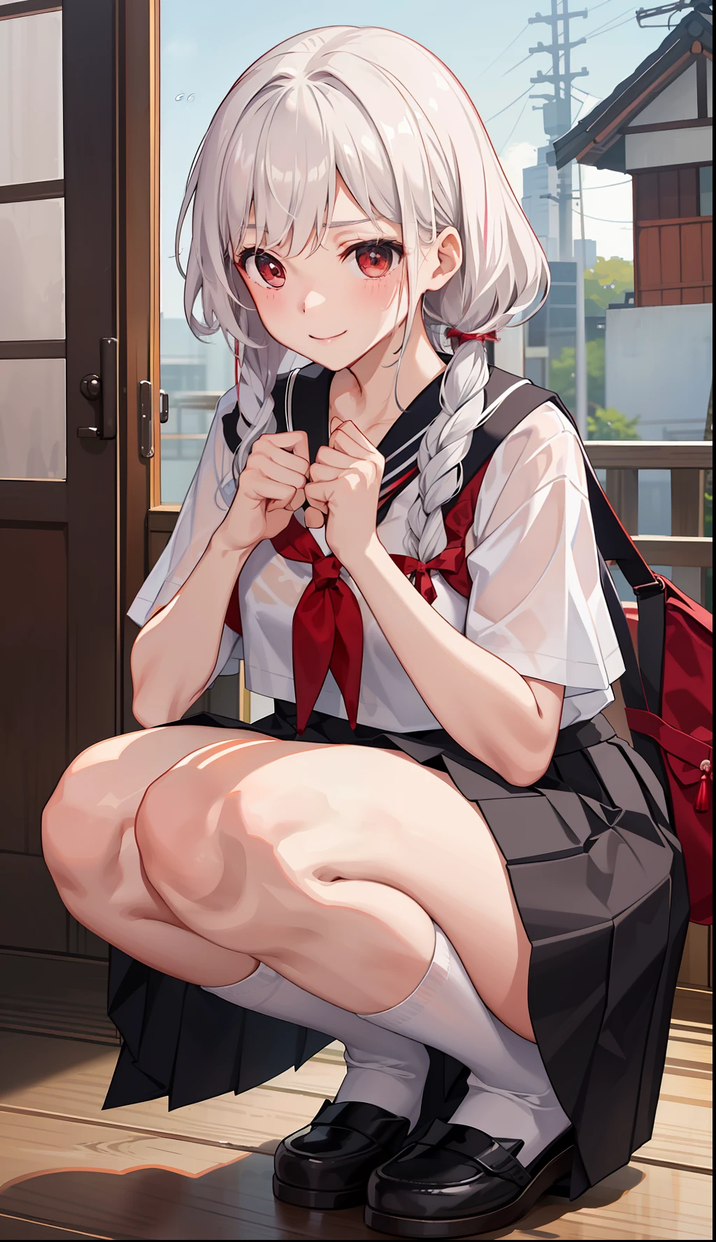 1girl in、A smile、The shirt、skirt by the、(small tits)Chilarism、Japan High School Student Uniform、serafuku、summer clothing、Squall Drenched Uniform、(Sheer Bra)、Upper body portrait、White hair、Squatting panchira、