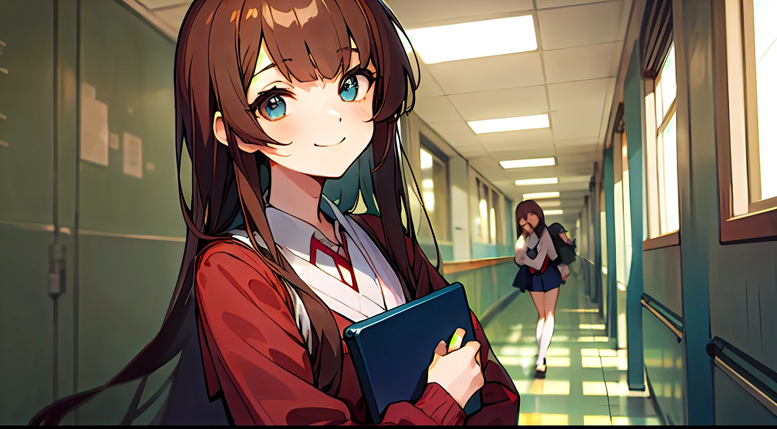 full bodyesbian, mid-shot, femele, Detailed eyes, Anime girl standing with laptop, Semi-long hair, Brown hair, Bangs,school hallway, 校服, Long sleeves,Turned ,Smiling smile