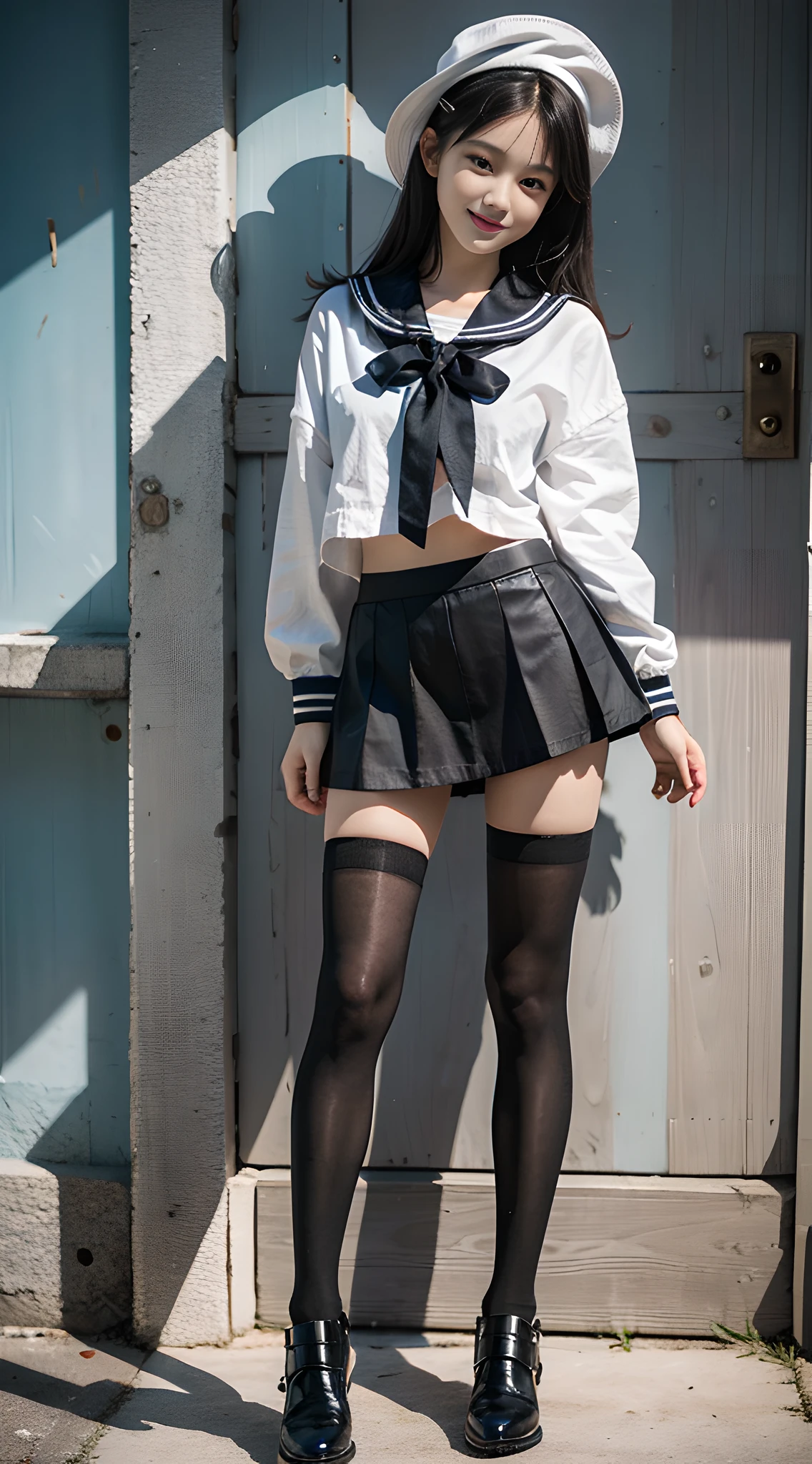 1girl, Cute, black-haired, 14 years old, Smile, Looks pure, Sailor Suit, Photography, Realistic, Best Quality, Detailed face, Full body, slender, Slender legs, Long legs, Wearing thigh-high socks, shoes on