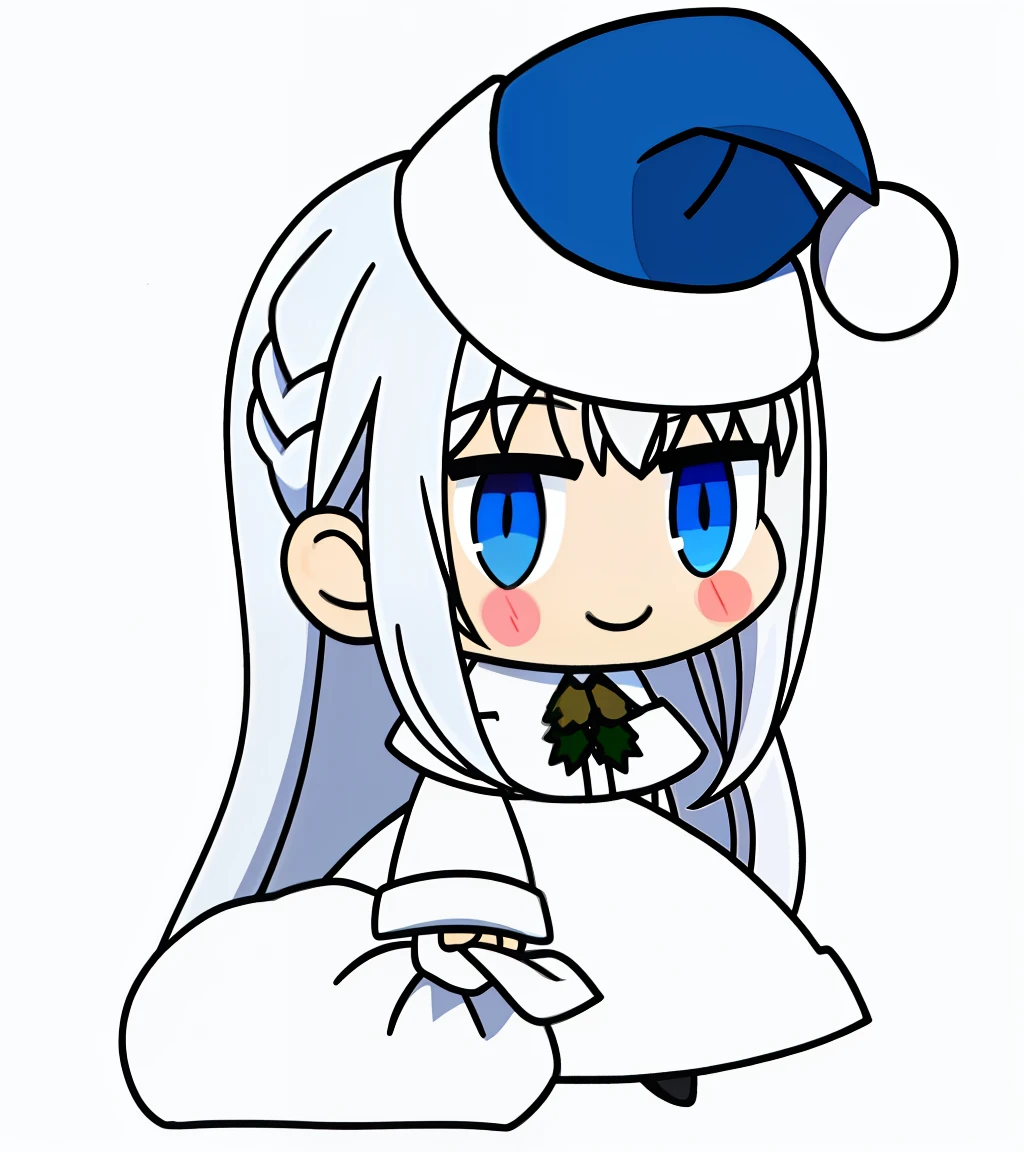 PadoruMeme, white shirt, all white, gray blue eyes, white collar, (white skirt), white snow hair, smile, blush, long hair, 1girl solo