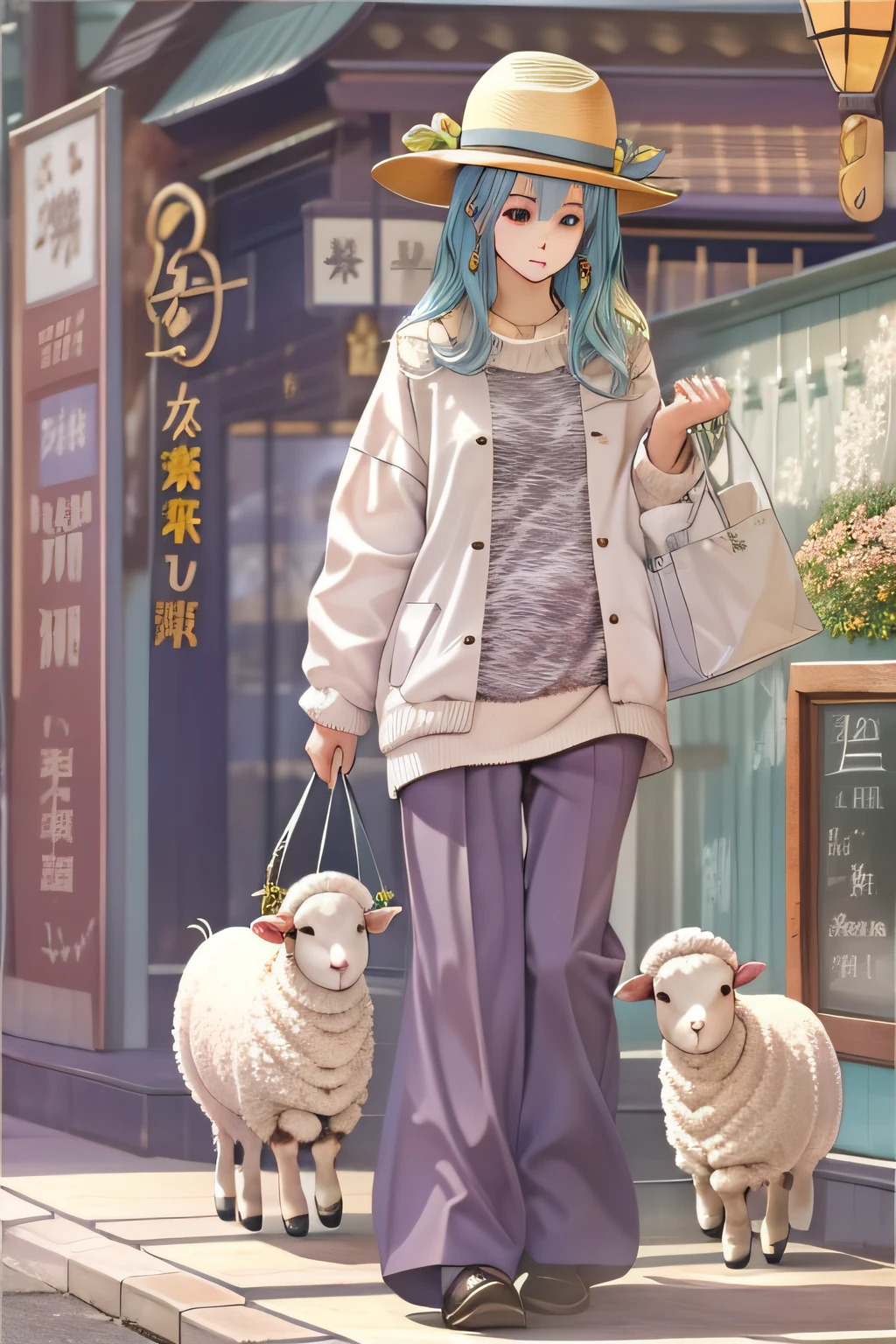 Cute sheep、1woman、Hats、long trousers、stroll