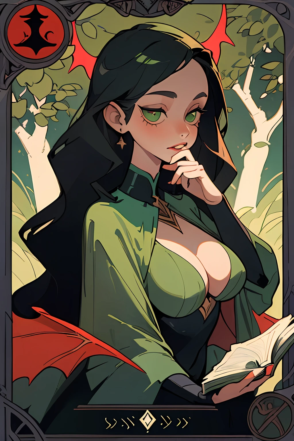 (Best Quality, Masterpiece), 1 Girl, Long hair, green trees, leafs, Tarot cards, devil, Medium Tits, Woman holding a magic book