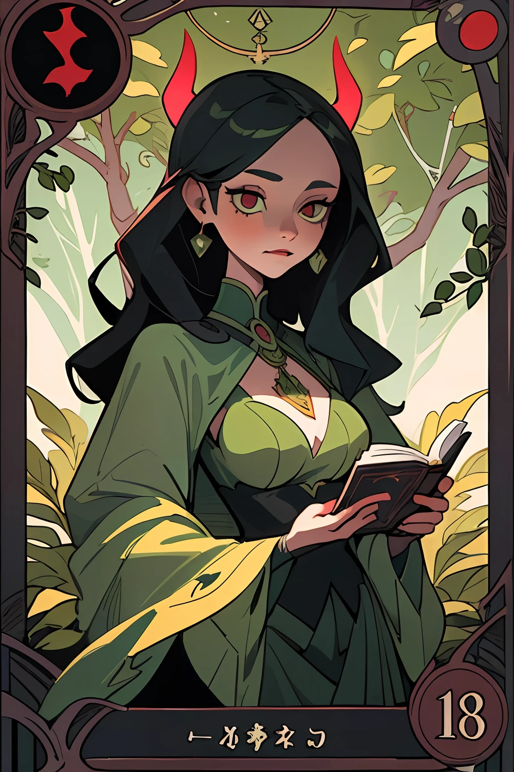 (Best Quality, Masterpiece), 1 Girl, Long hair, green trees, leafs, Tarot cards, devil, Medium Tits, Woman holding a magic book